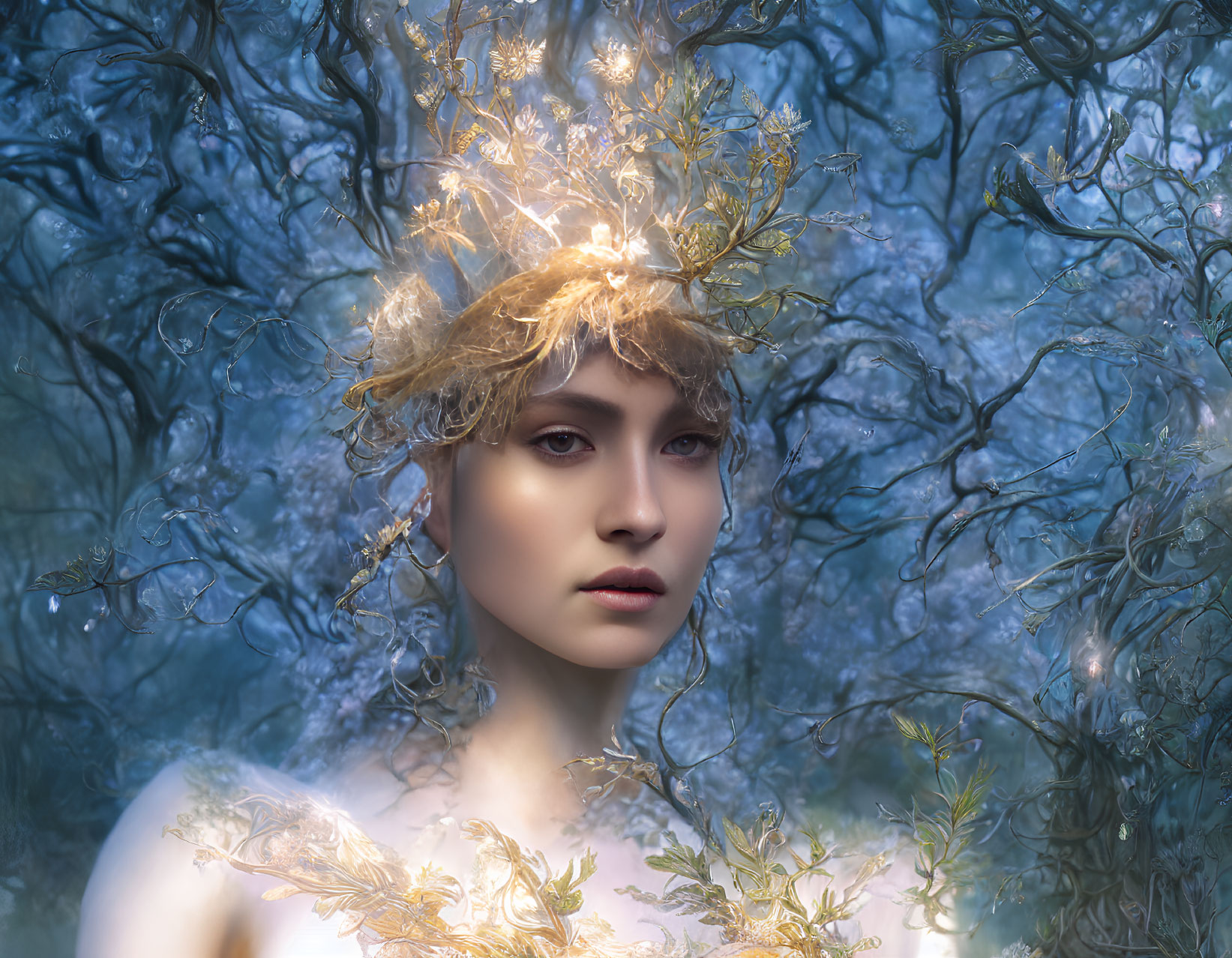 Surreal portrait of woman with mystical crown in glowing leaf attire, set in ethereal blue forest