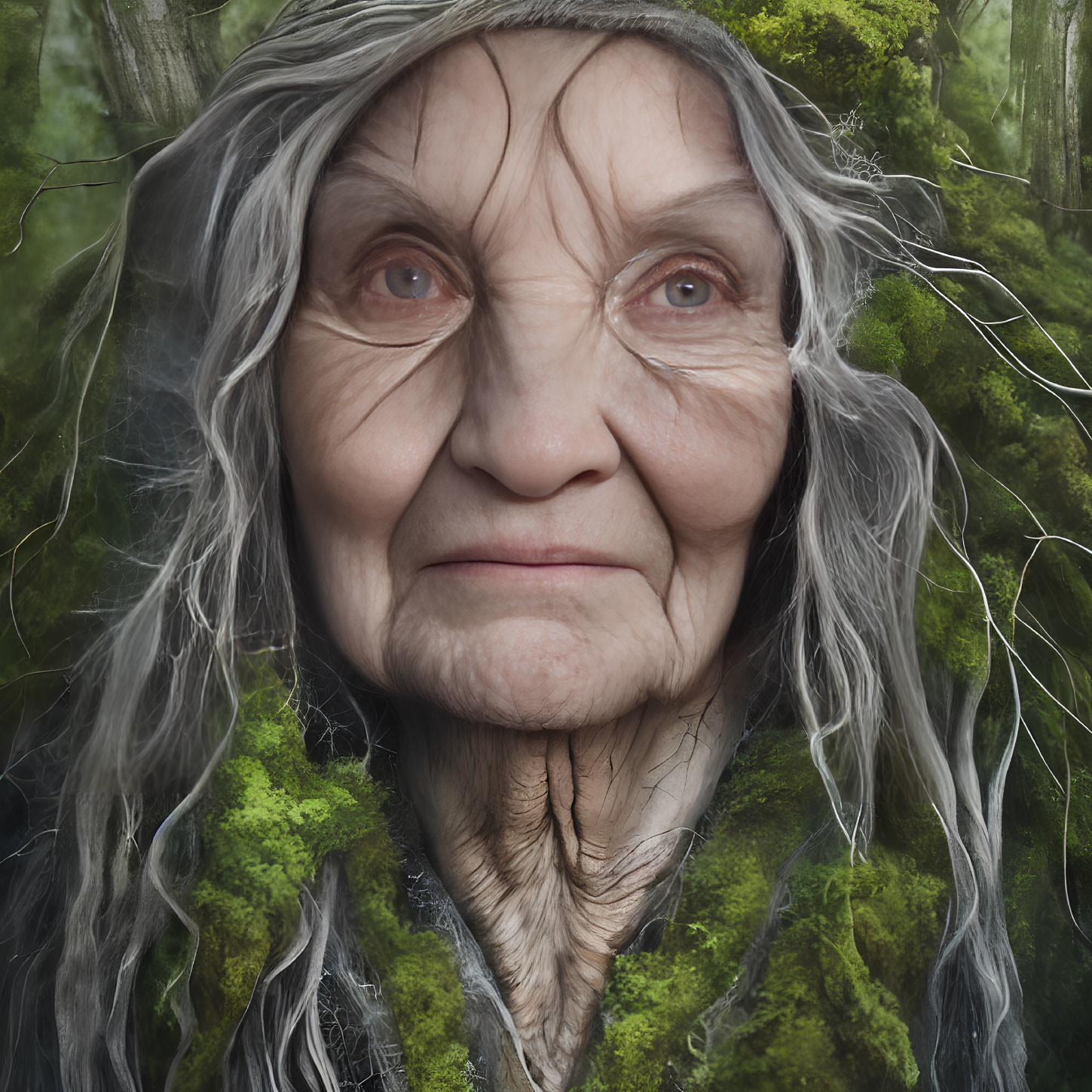 Elderly woman with deep wrinkles and gray hair in forest setting