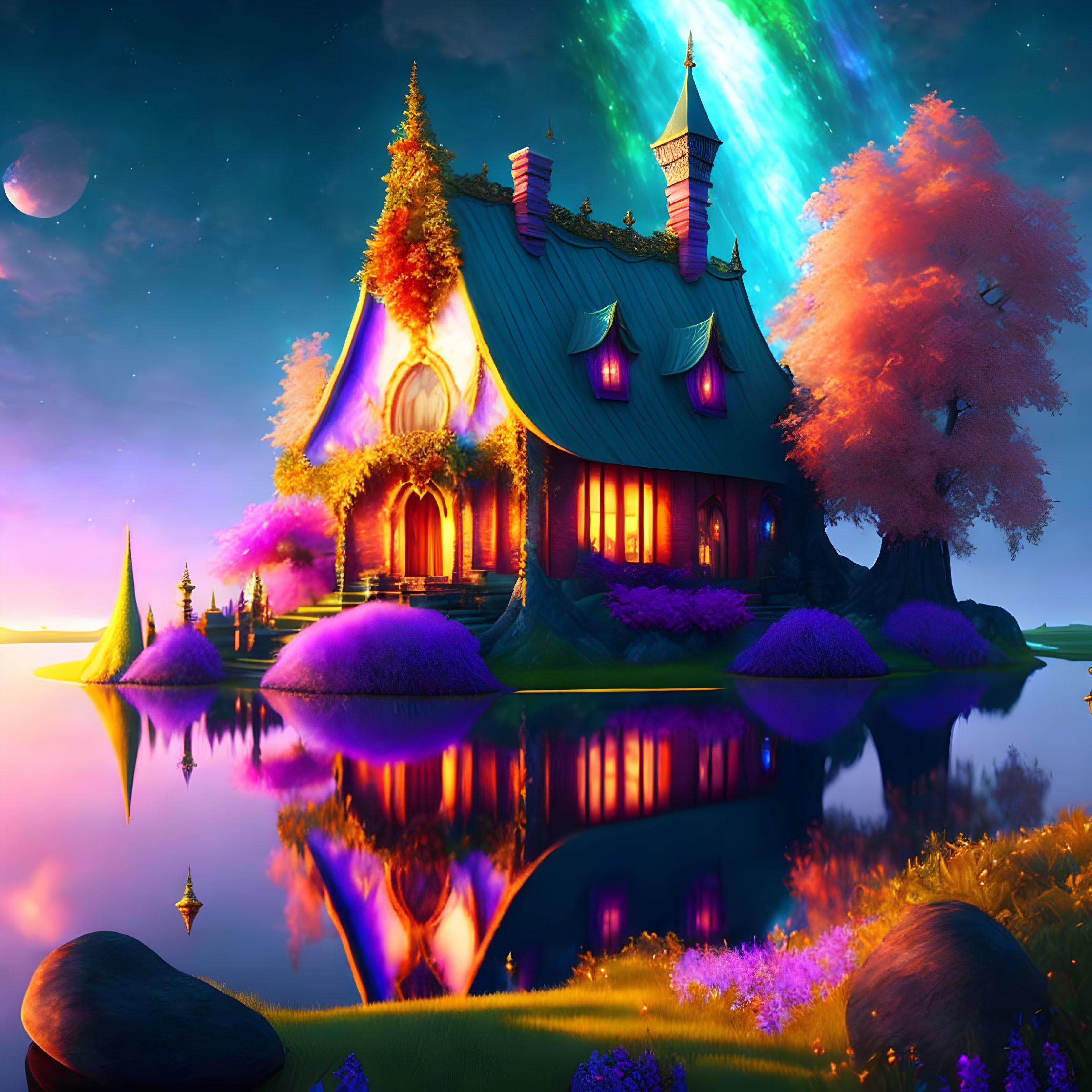 Fantasy cottage by reflective lake under aurora and night sky