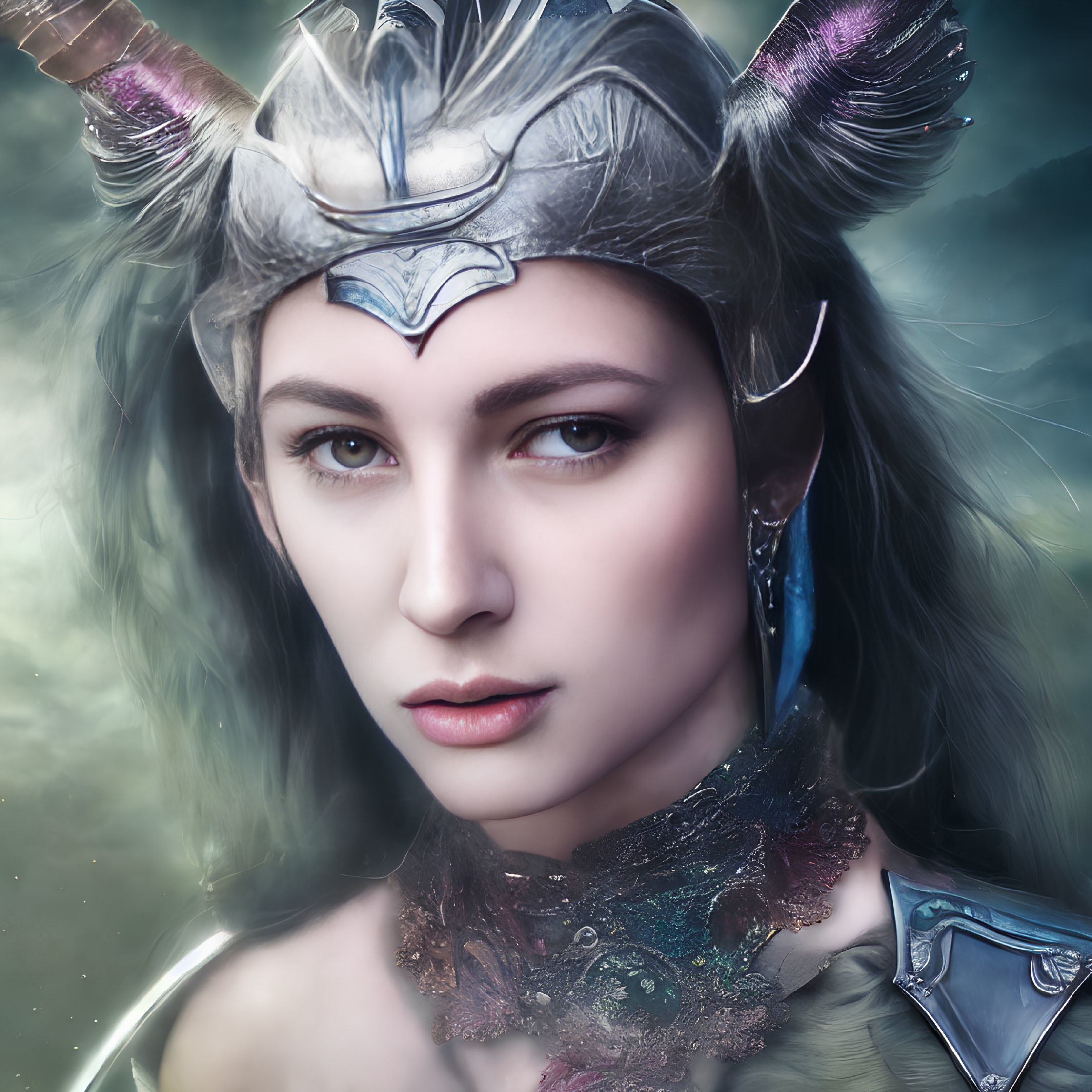 Digital artwork: Person in fantasy armor with horned helmet, determined expression, ethereal background.