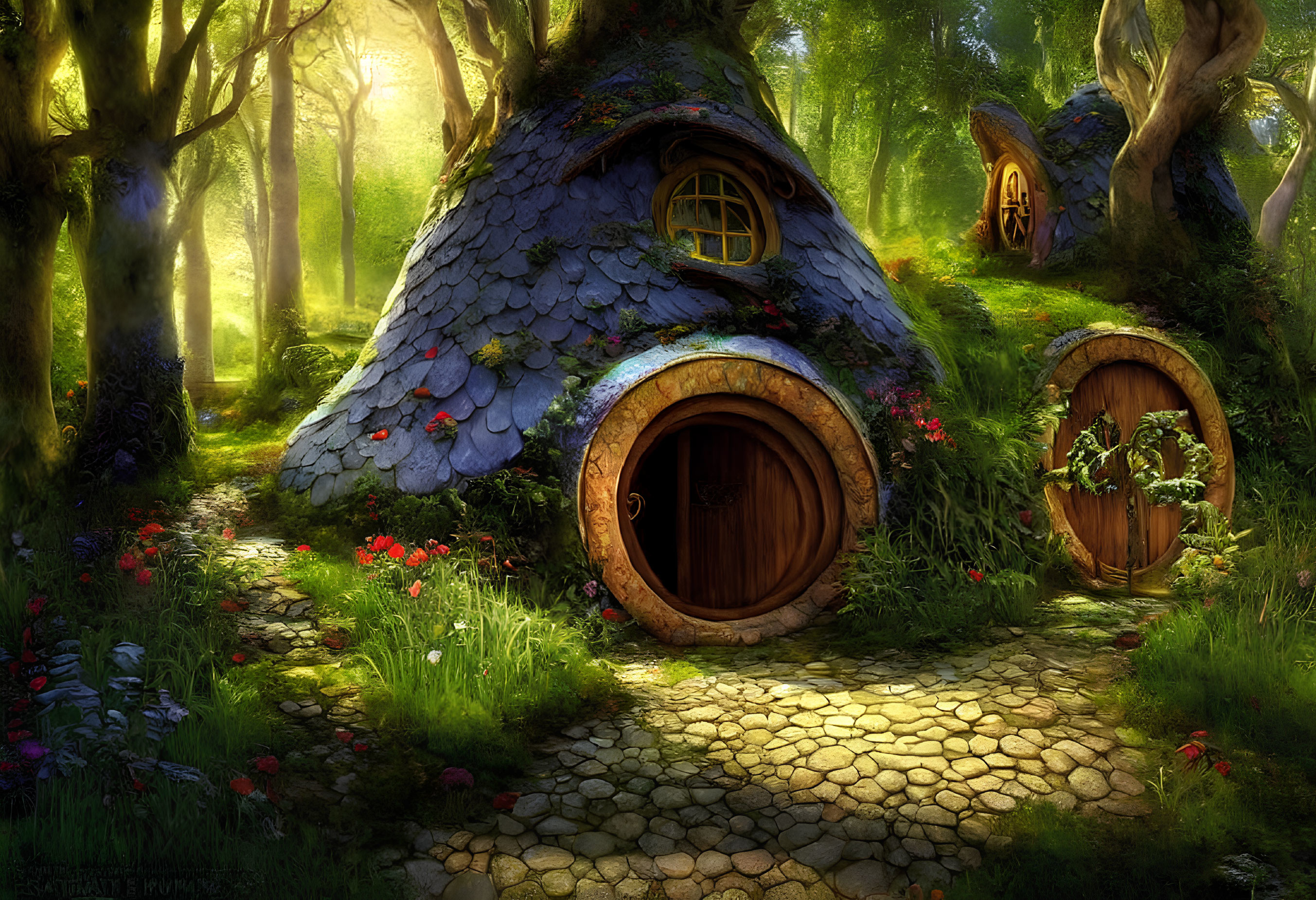 Enchanting forest scene with cobblestone path and fairytale house
