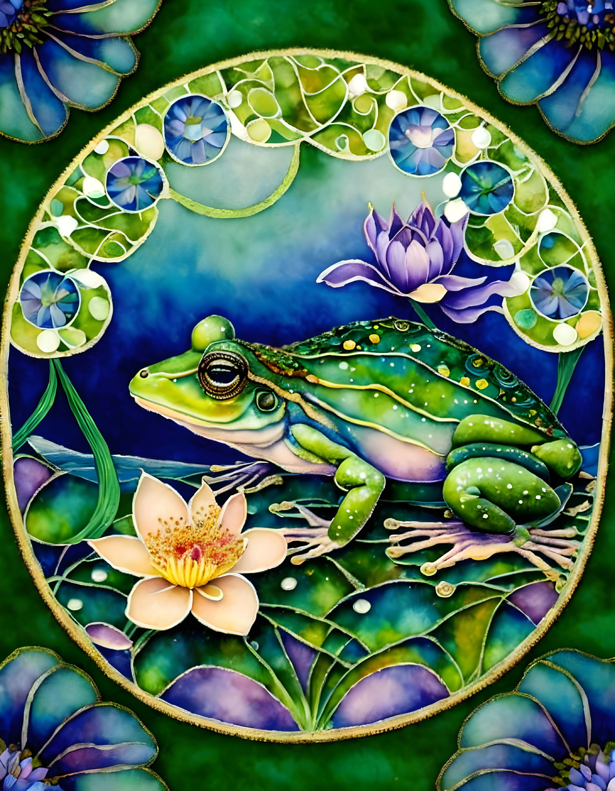 Colorful Green Frog Illustration Among Lily Pads and Flowers