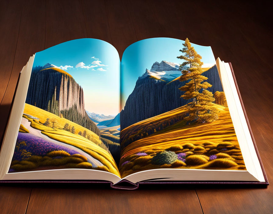 Open book with a landscape depicted on the pages