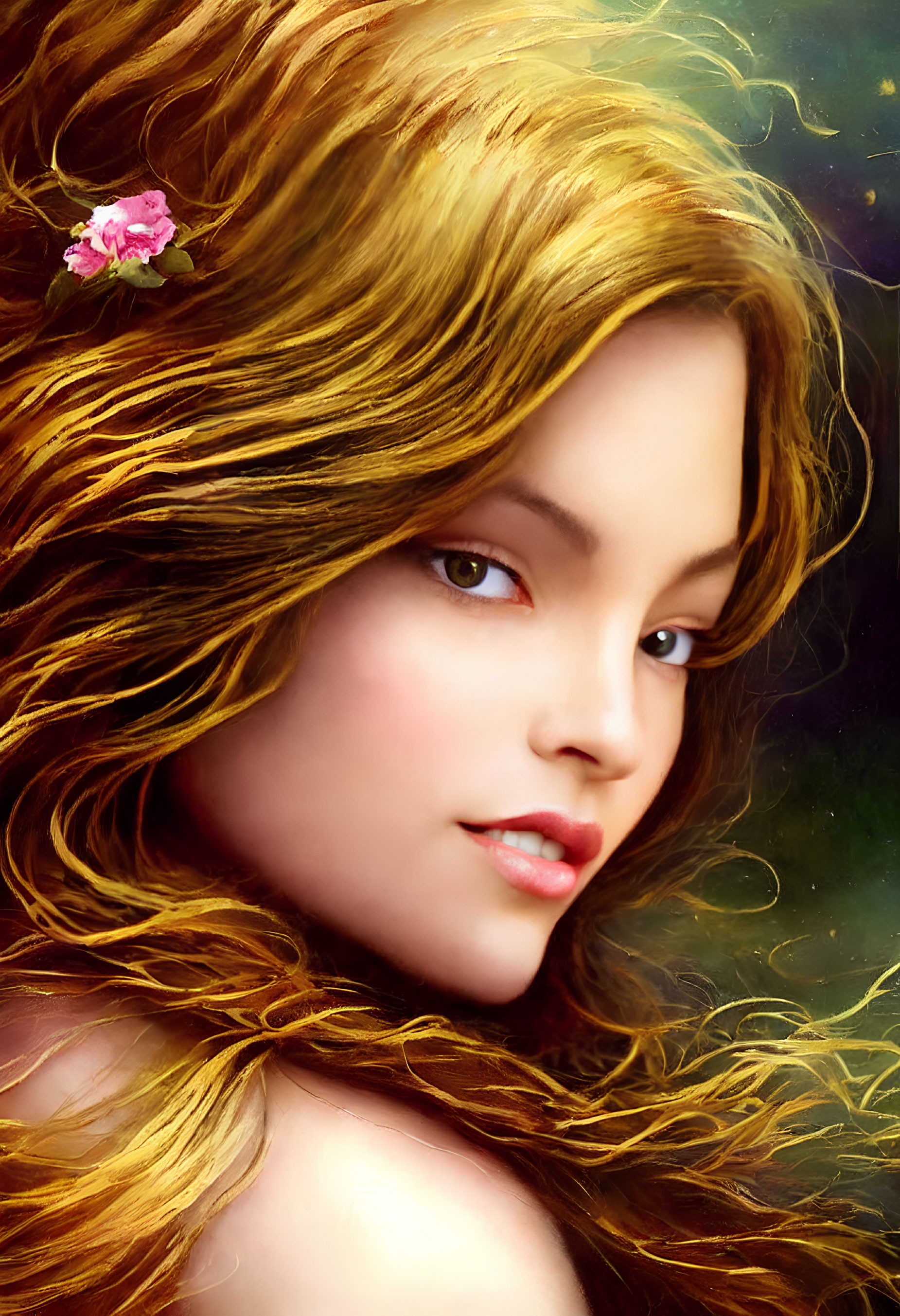 Golden-haired woman with pink flower in digital portrait