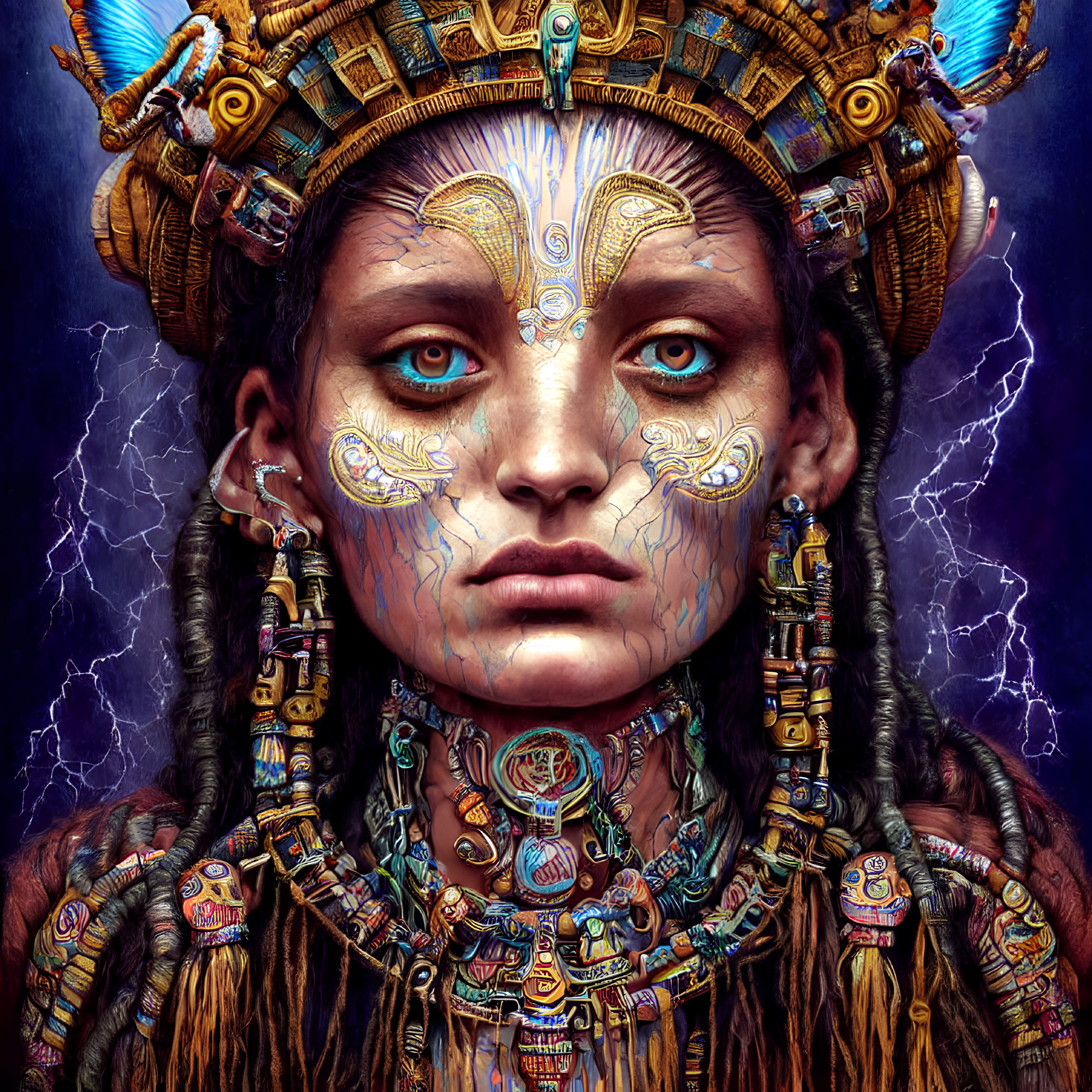 Intricate face paint and detailed headdress in stormy setting
