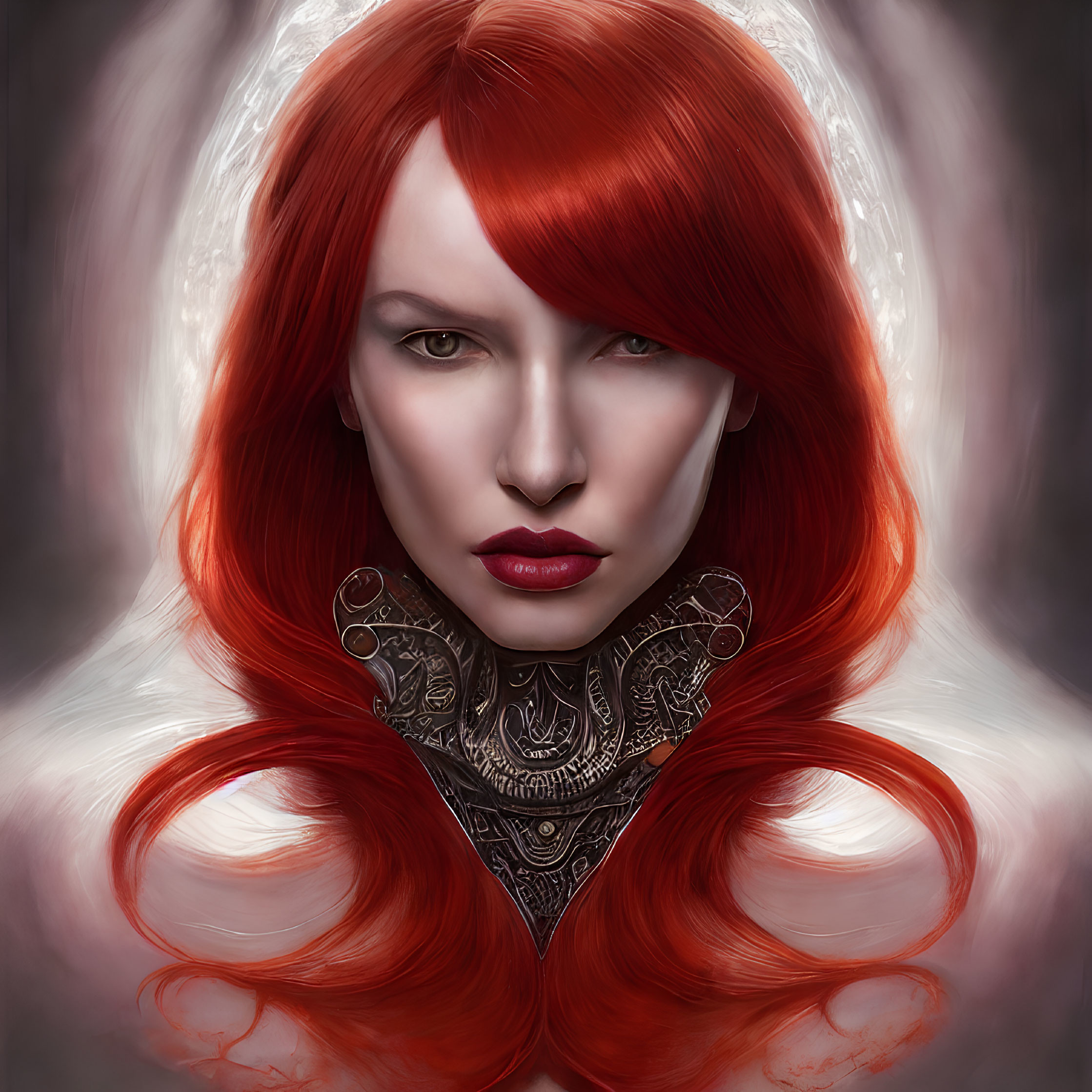 Digital artwork: Woman with red hair, pale skin, bold lips, metallic collar on blurred background