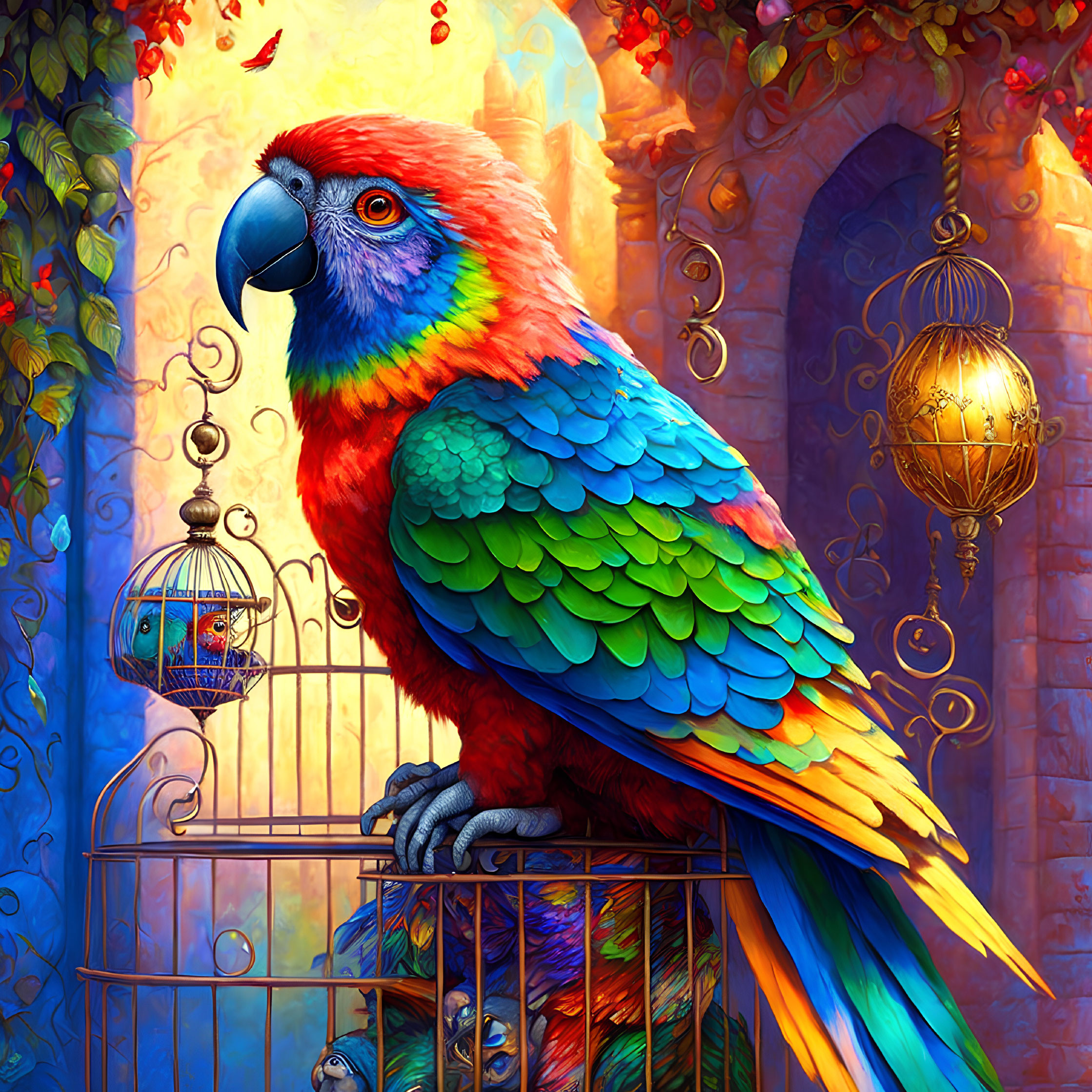 Colorful Parrot Perched on Open Cage with Whimsical Background