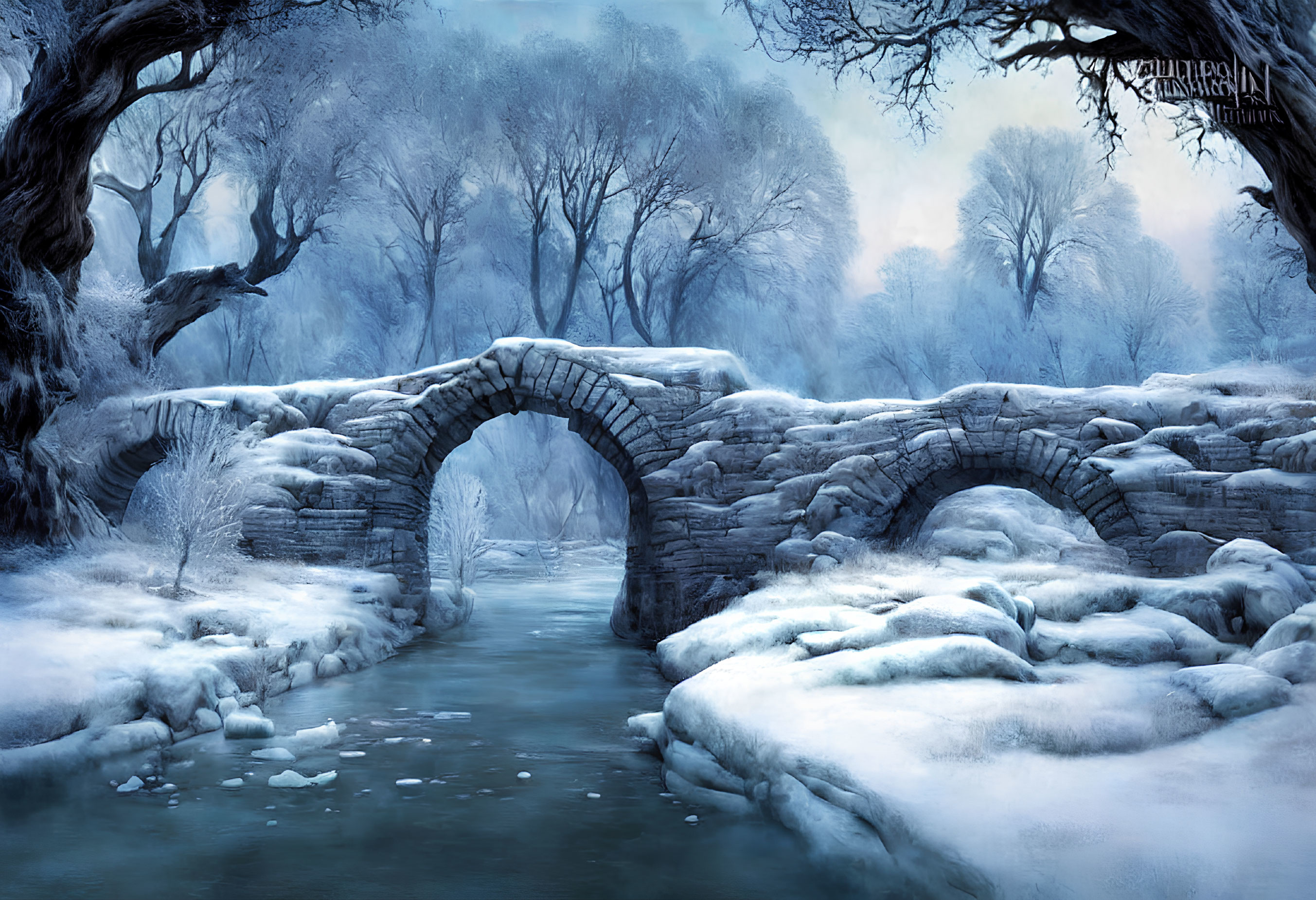 Snow-covered wintry landscape with old stone bridge and frosted trees.