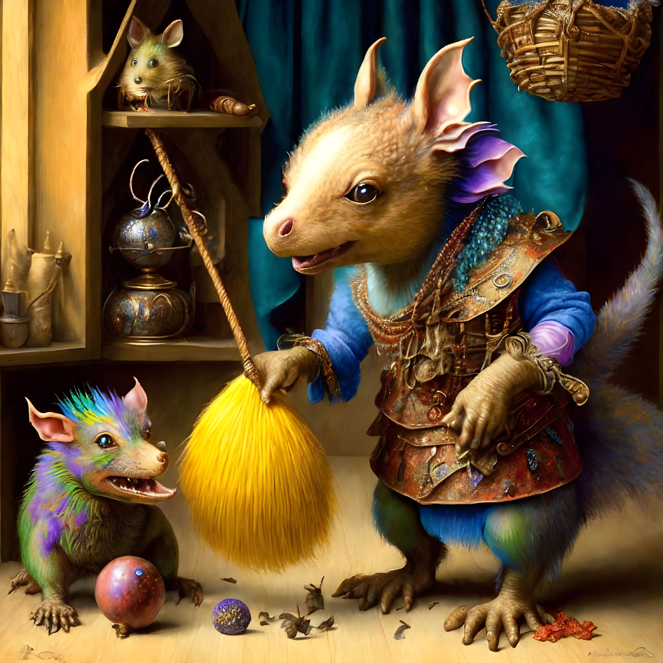 Medieval-themed anthropomorphic mouse with broom in rustic interior.