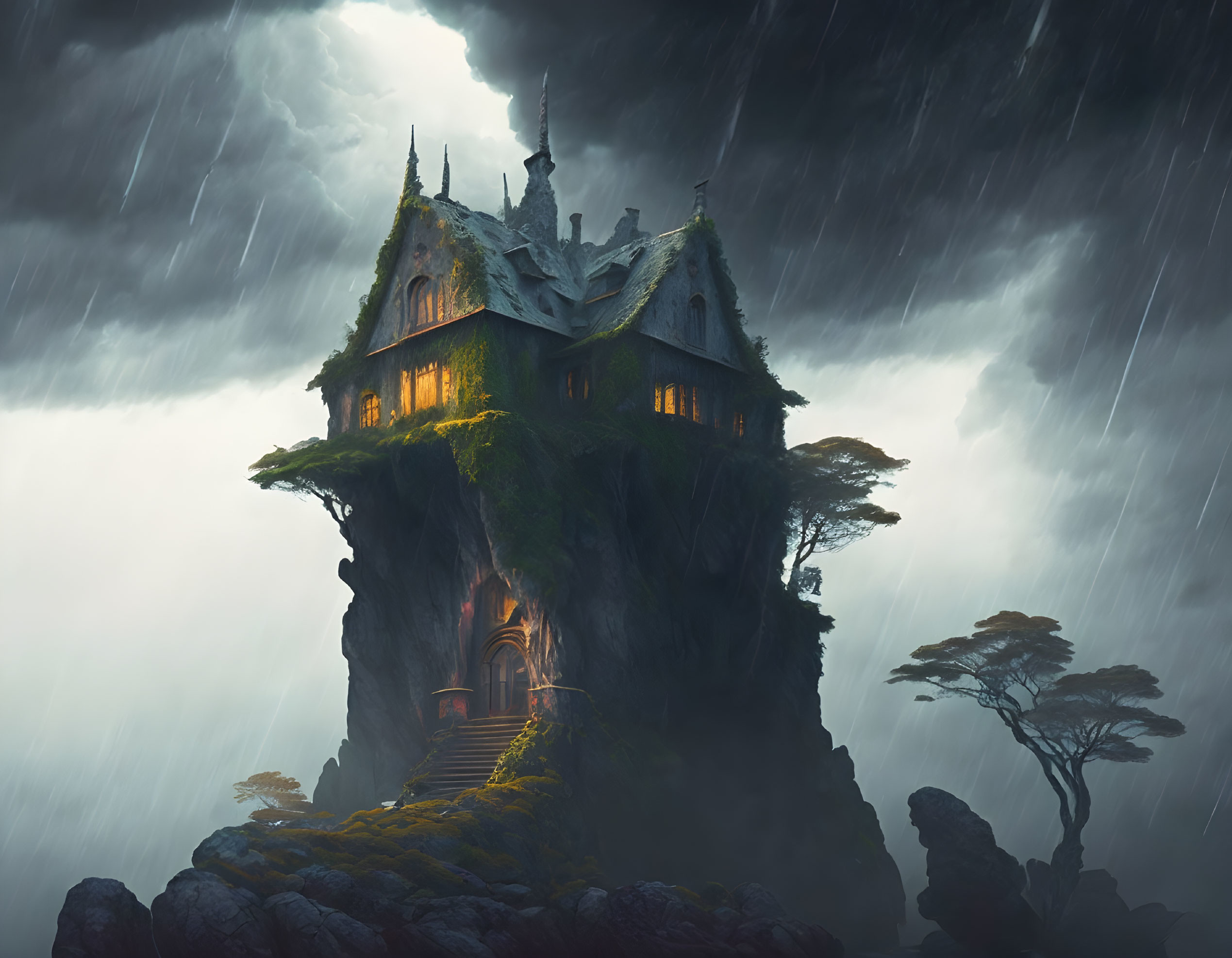 House on a cliff, in a Thunderstorm