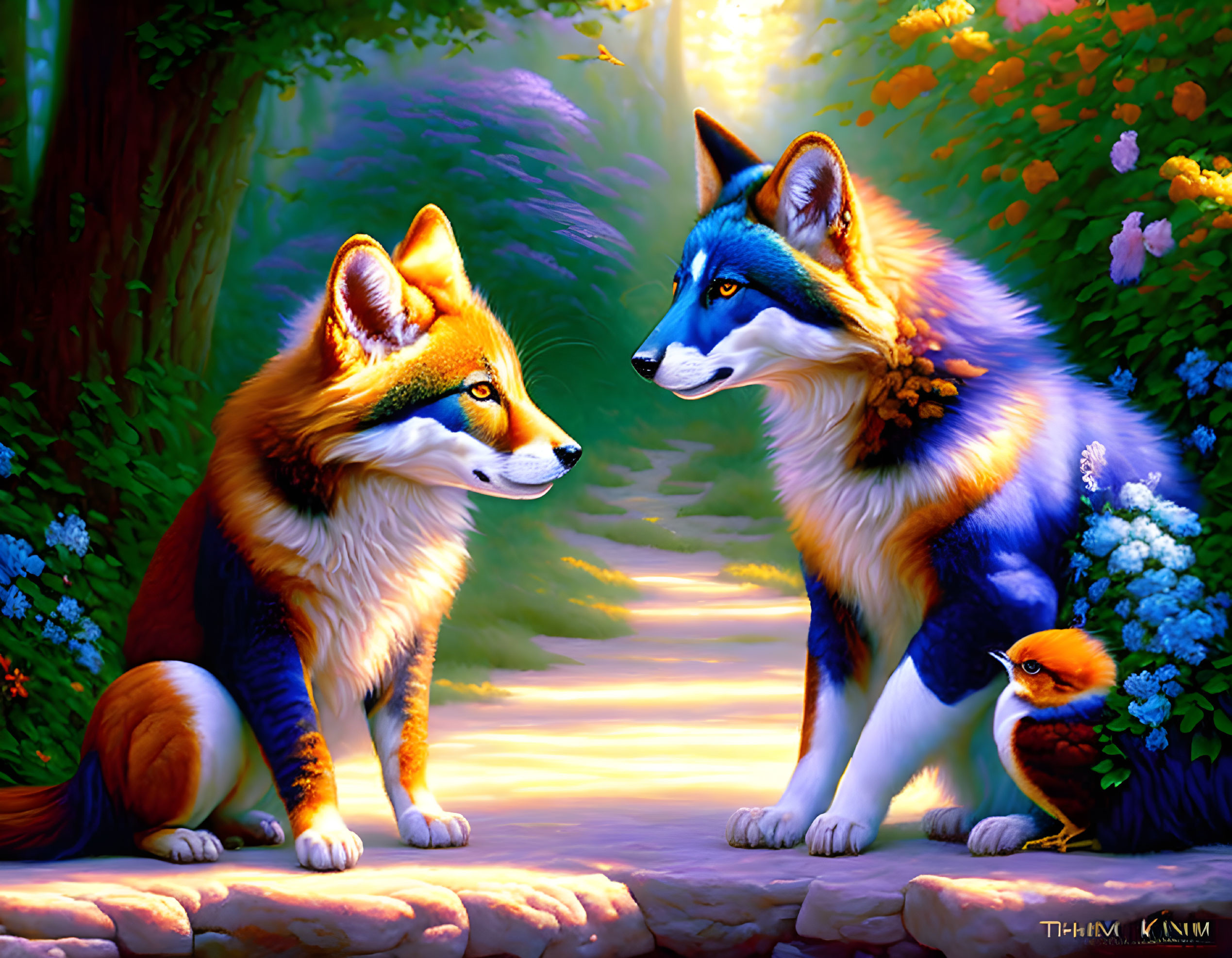 Vibrantly colored anthropomorphic foxes in whimsical forest scene