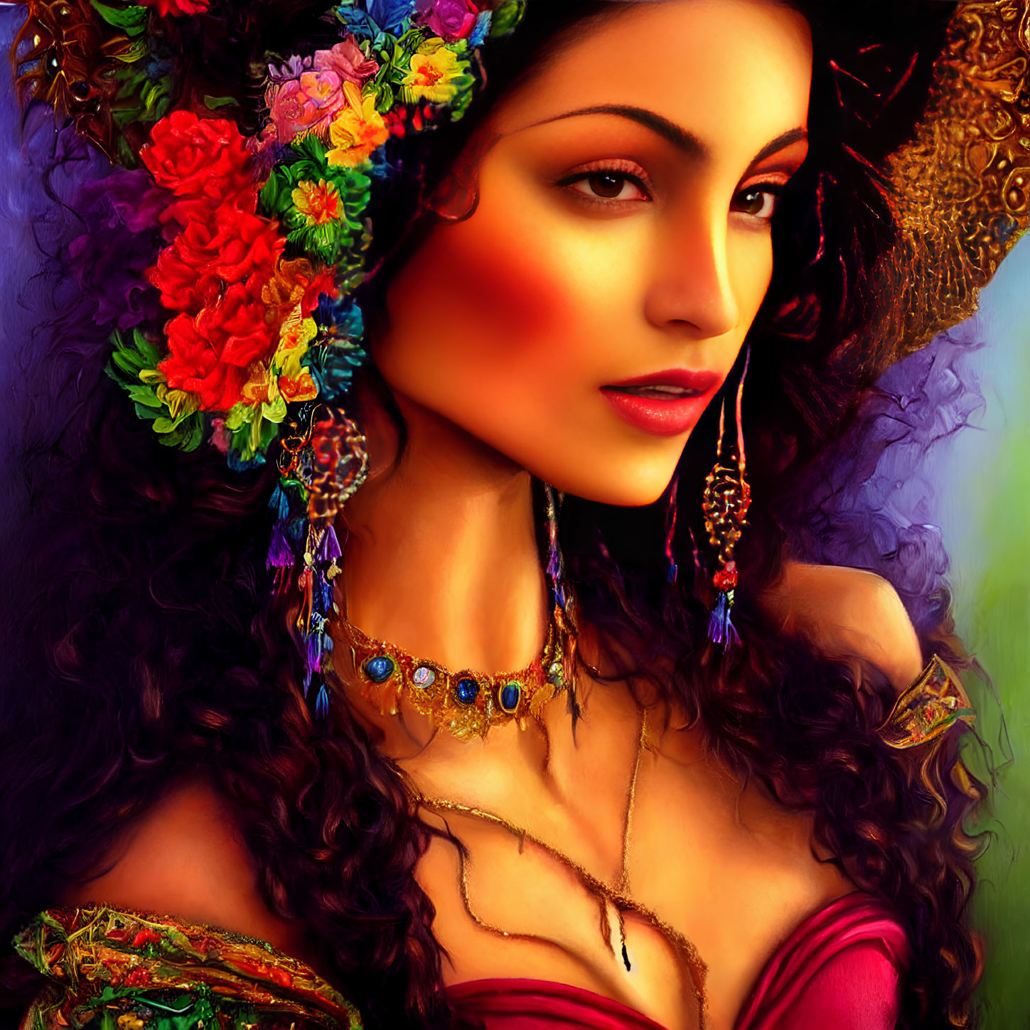 Colorful digital painting of a woman in floral headdress and elegant attire.