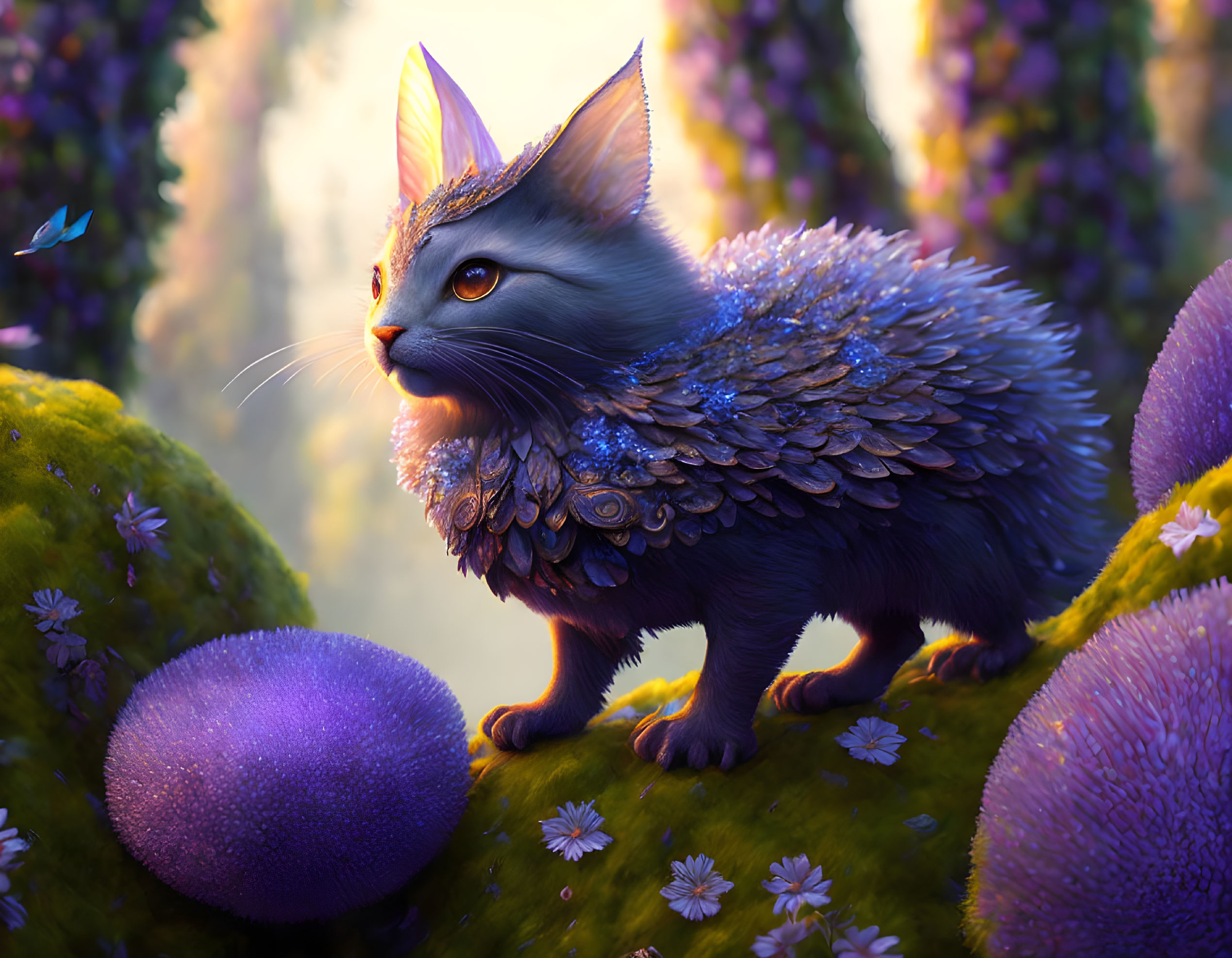 Fantastical cat with feather-like scales in enchanted forest among purple flora and butterflies