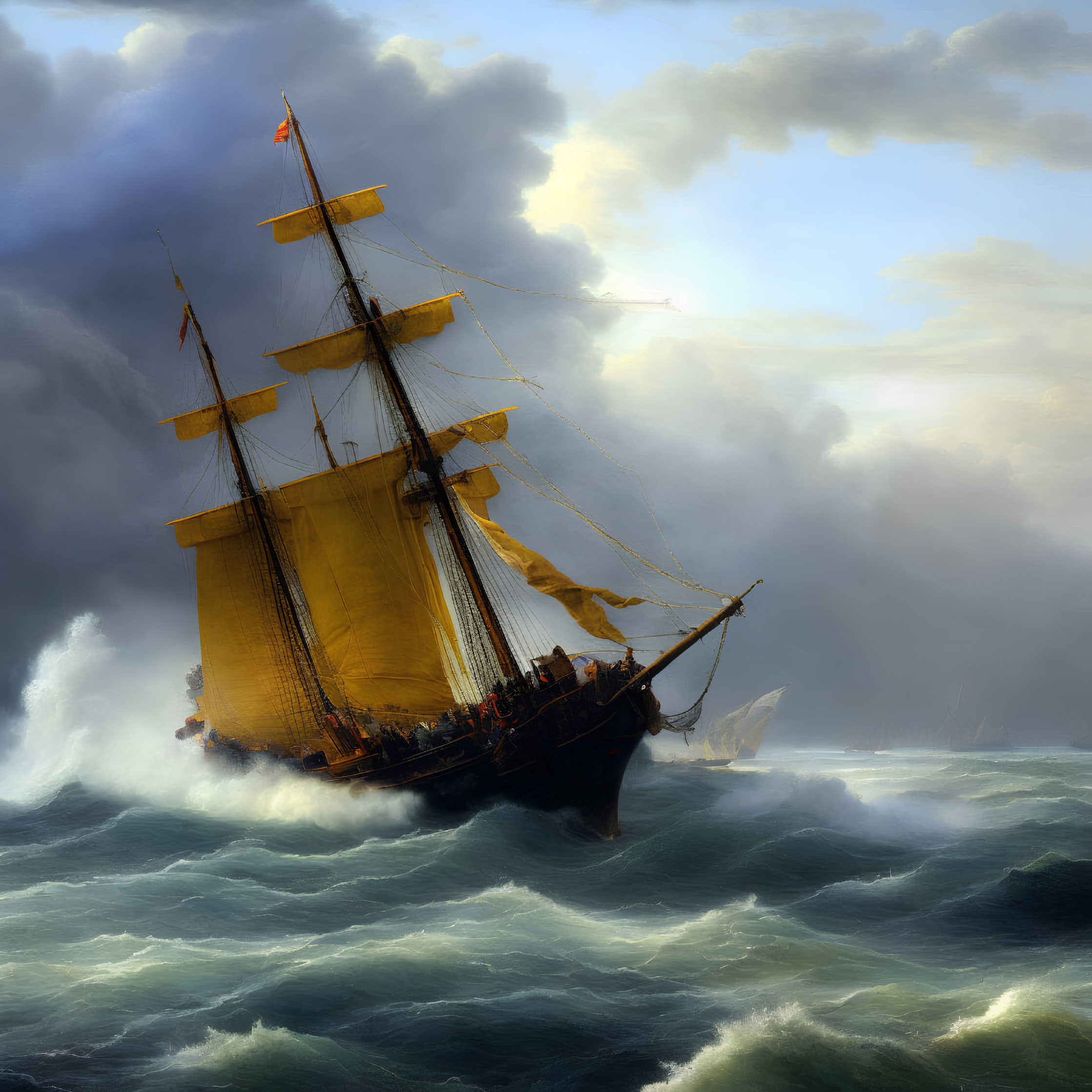 Tall Ship with Yellow Sails Sailing Stormy Seas under Dramatic Sky