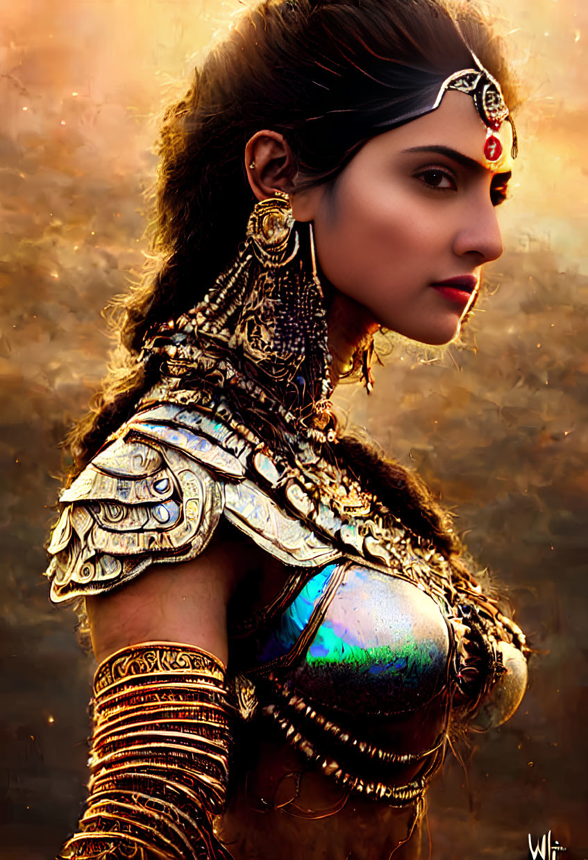 Ornate armor woman with traditional jewelry on golden background