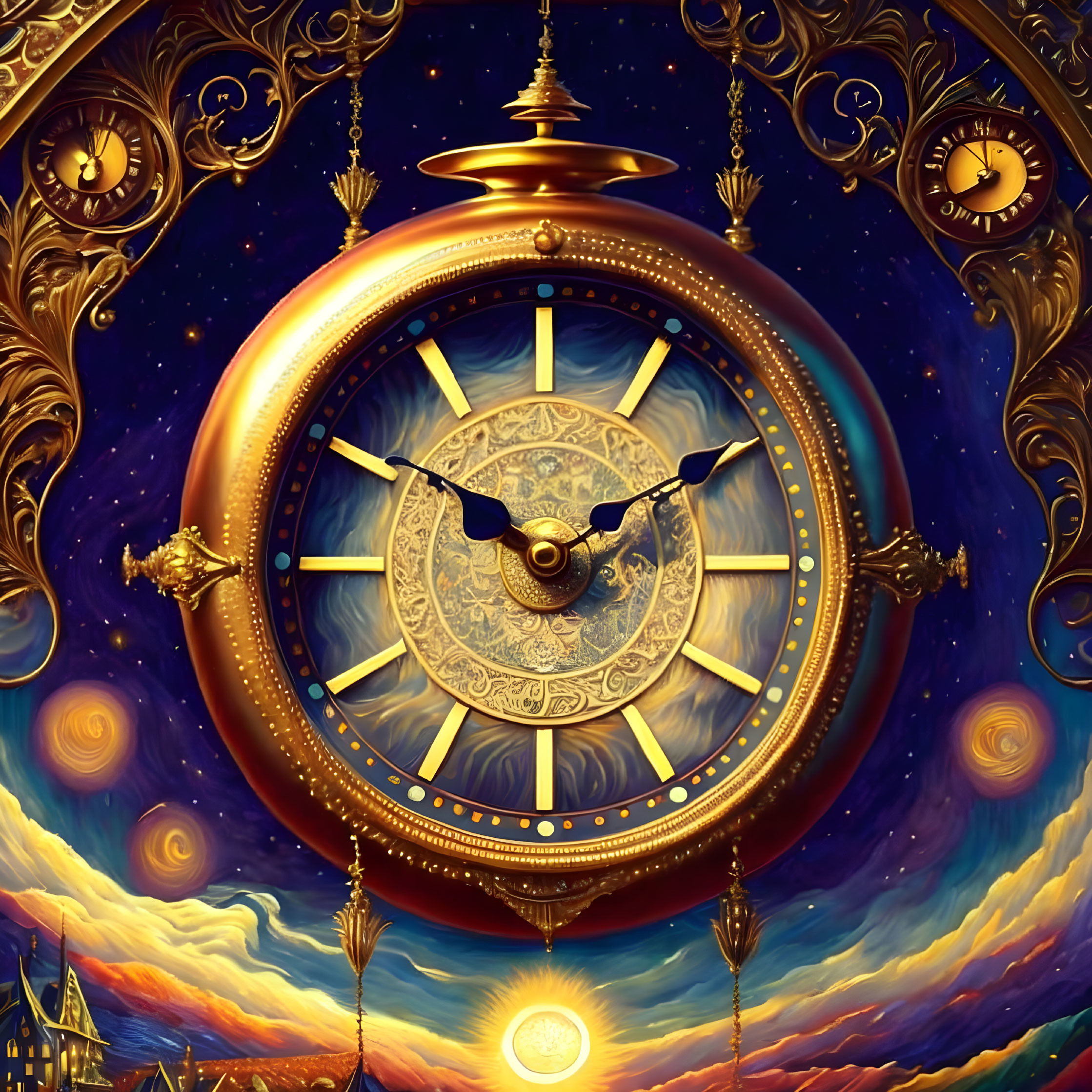 Ornate surreal clock with celestial motifs and cosmic landscape elements