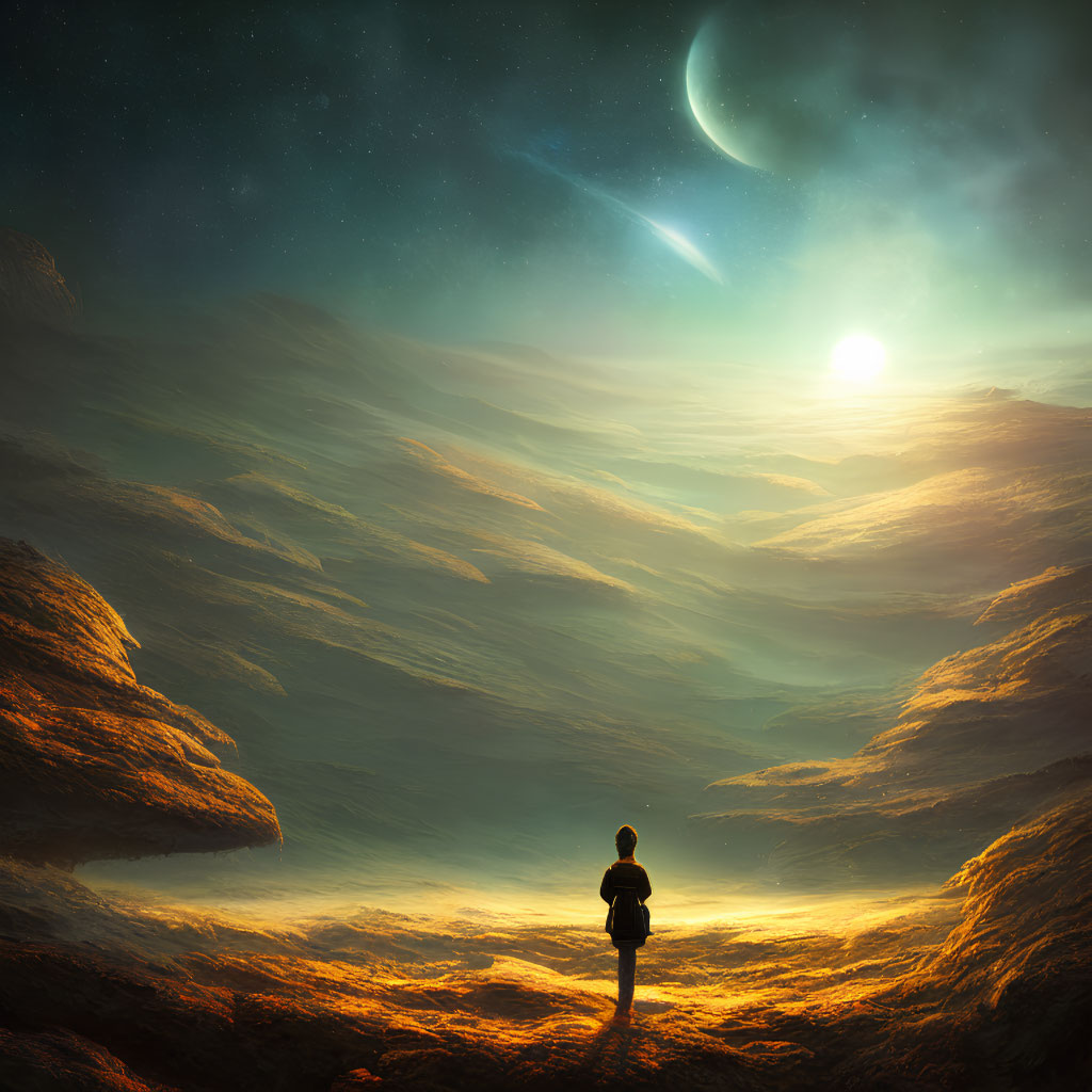 Person standing on surreal cloud landscape under starry sky with sun, moon, and comet.