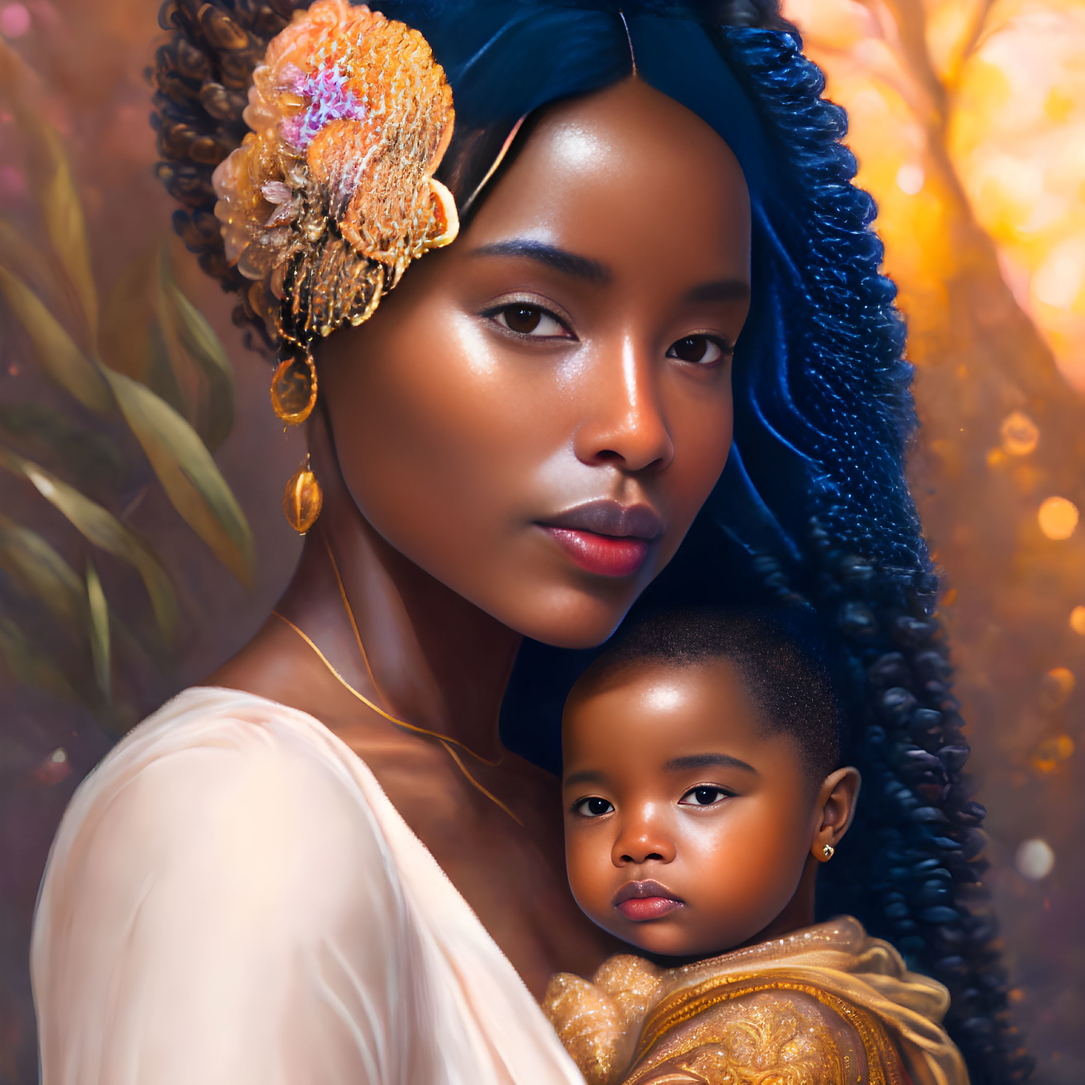 Portrait of a woman with decorative hairpiece holding a child against warm background