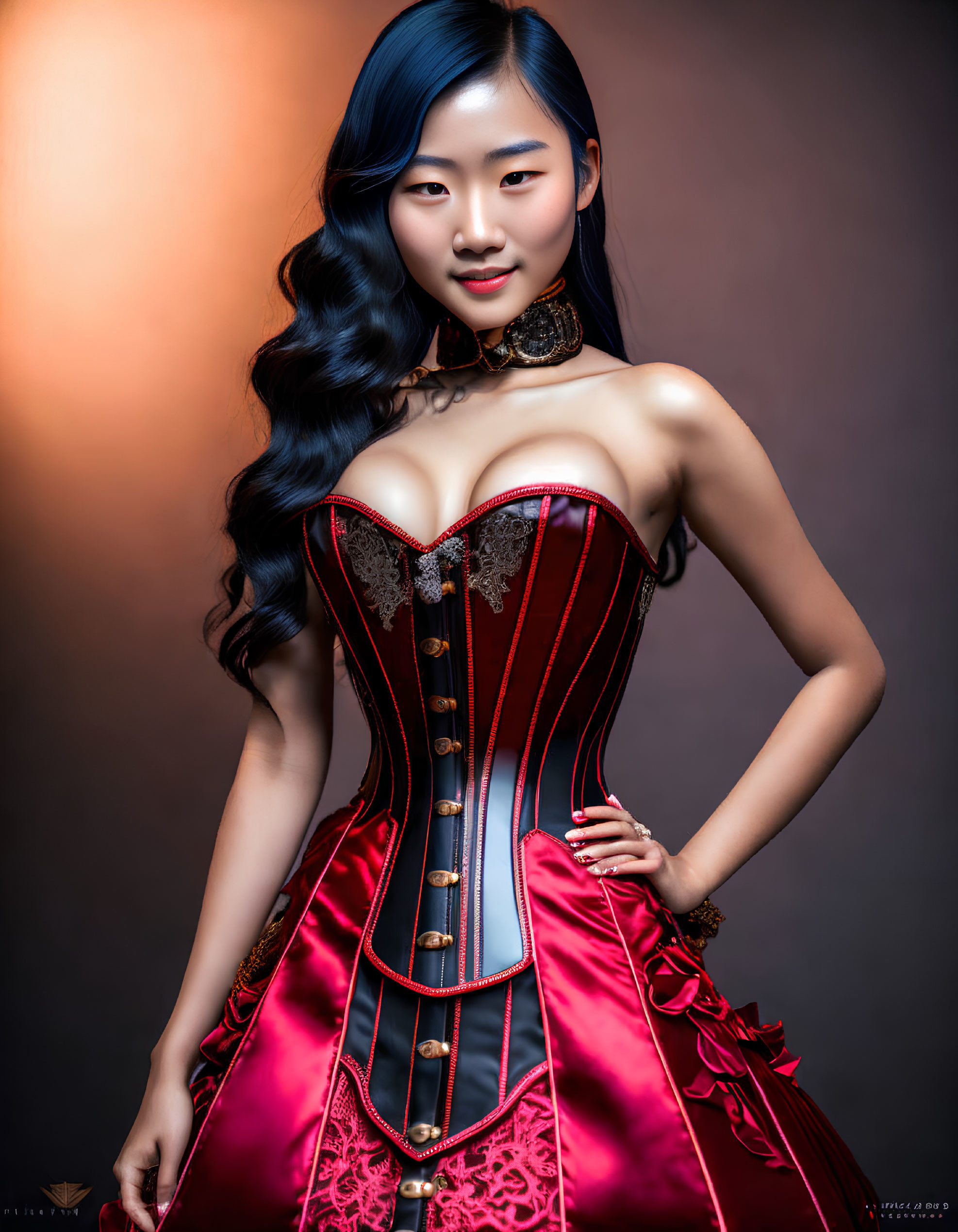 Woman in Red Corset Dress with Blue Hair on Gradient Background