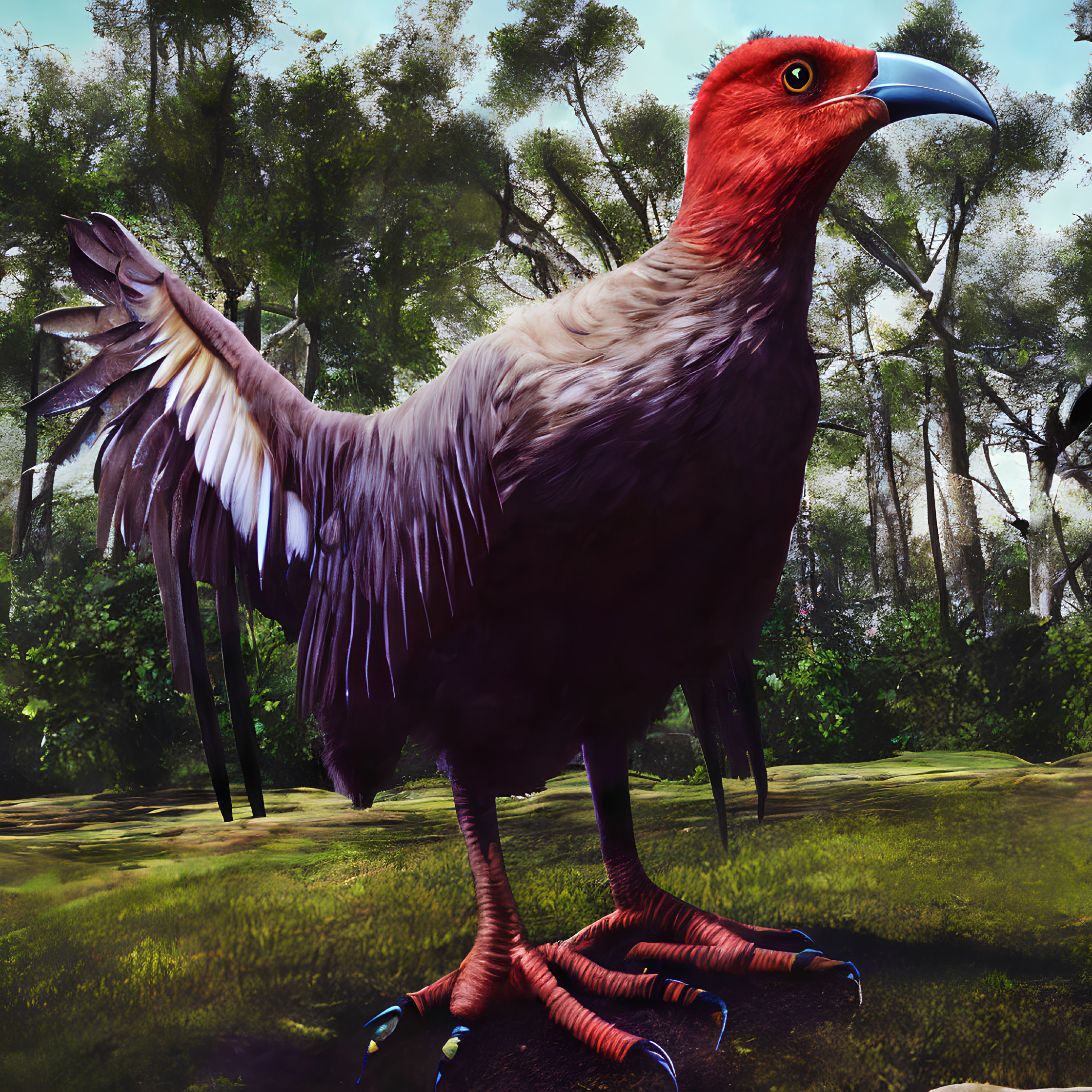 Stylized large bird with red plumage and blue beak in forest clearing