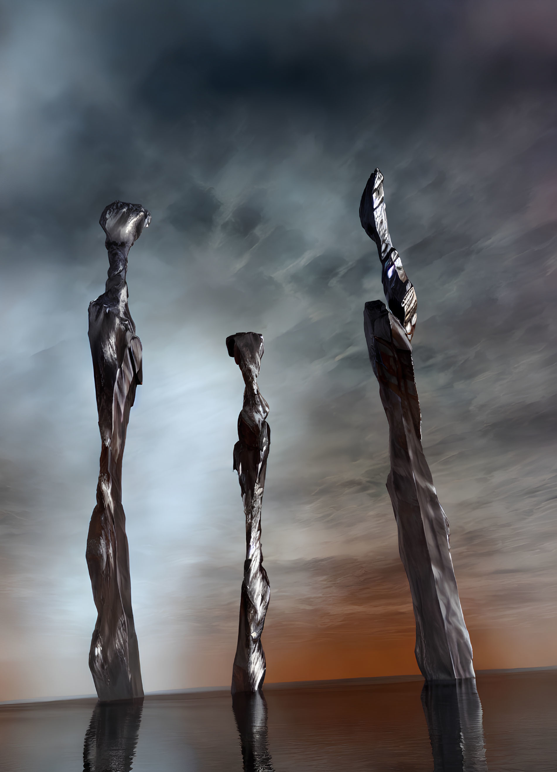 Twisted metallic sculptures in calm water under dramatic sky