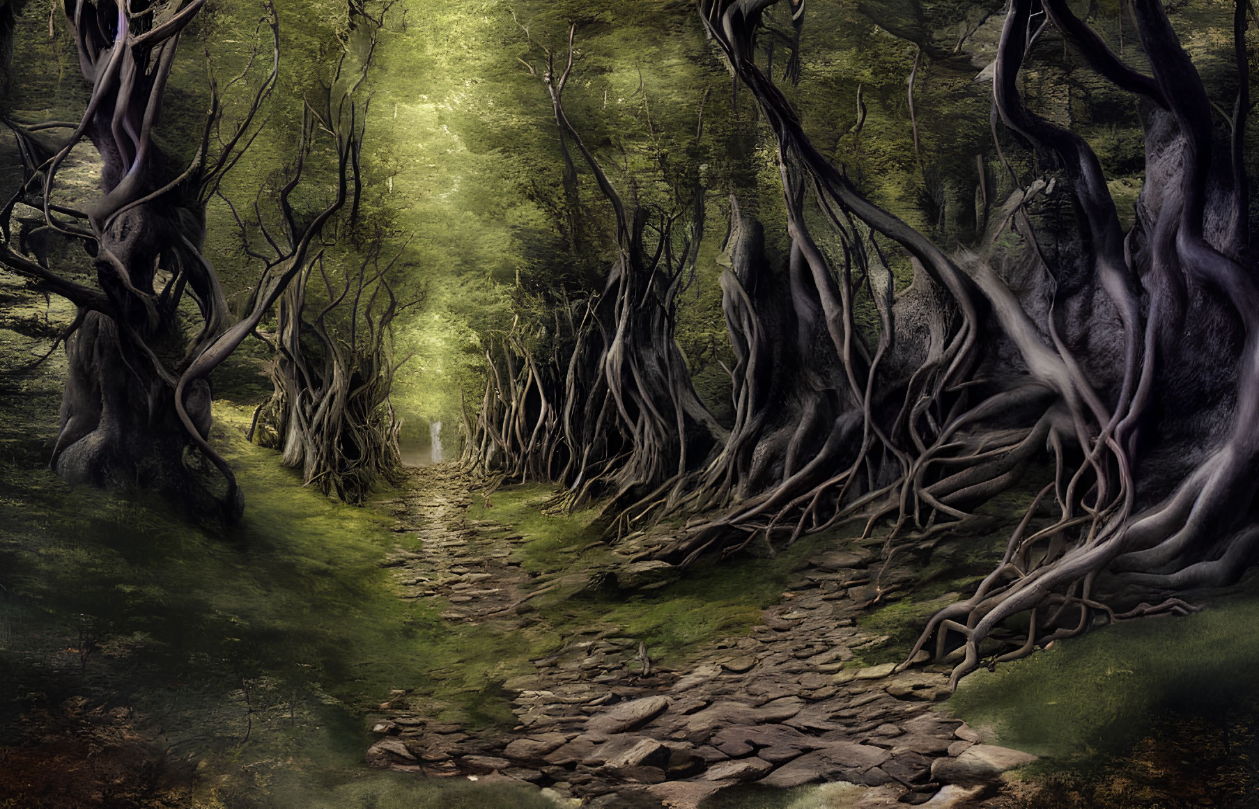 Ancient forest path with gnarled trees and dappled light.