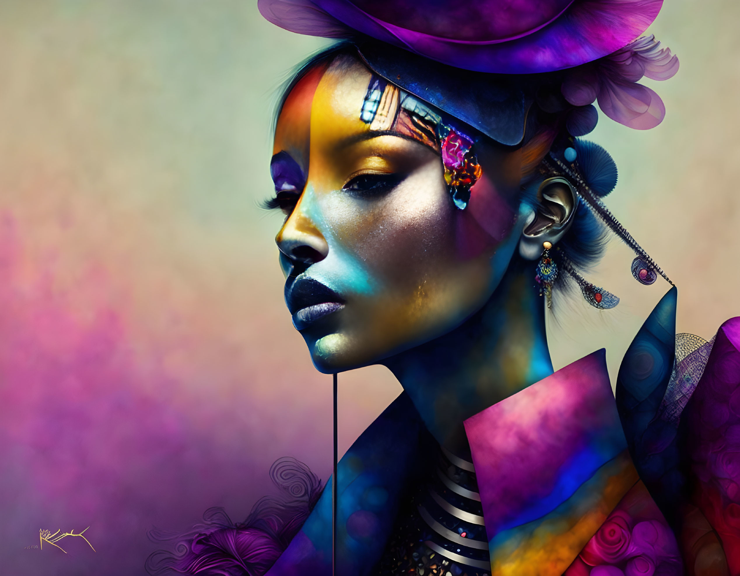 Colorful digital artwork: Blue-skinned woman in futuristic attire on pastel background