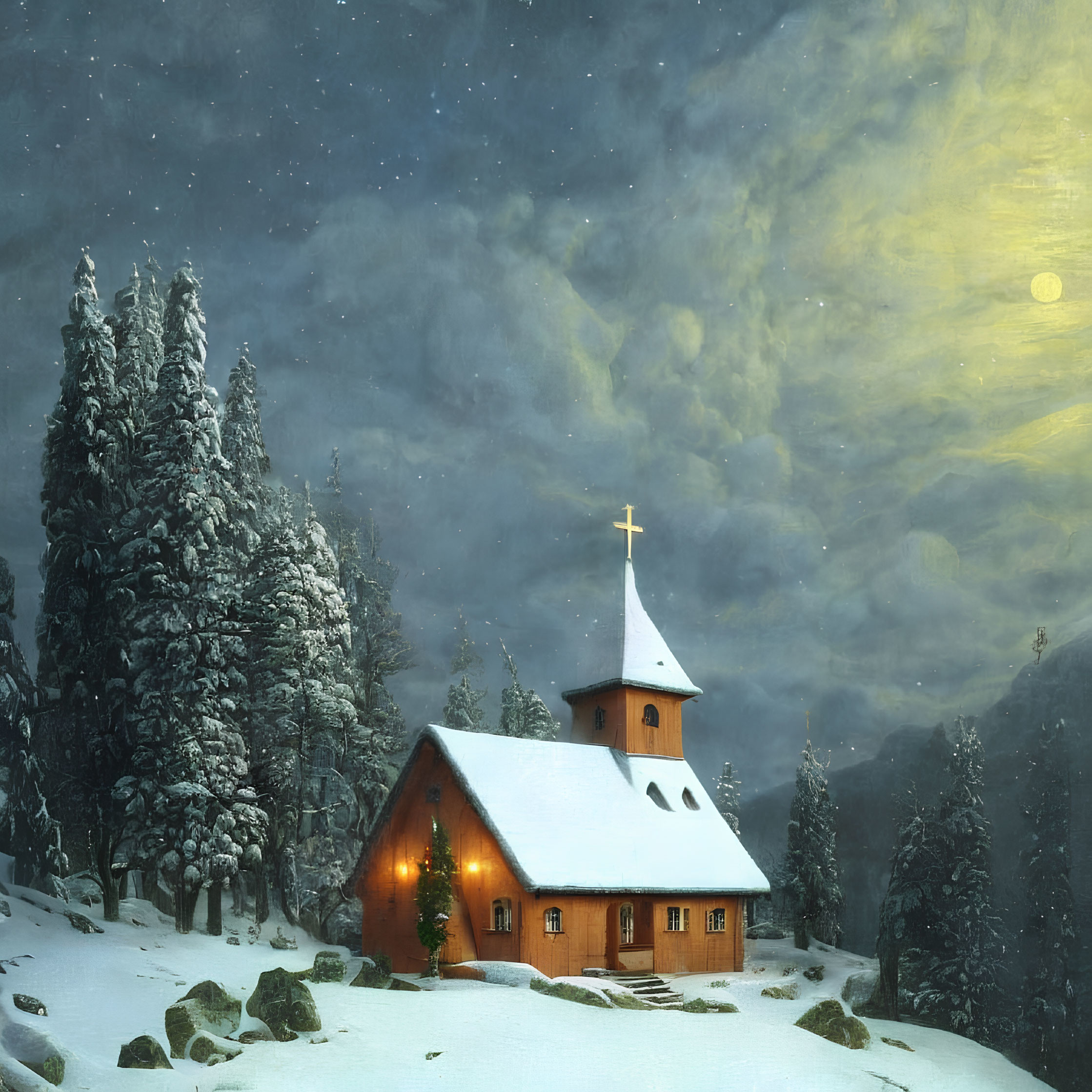 Snow-covered church with cross under night sky and pine trees: serene winter scene