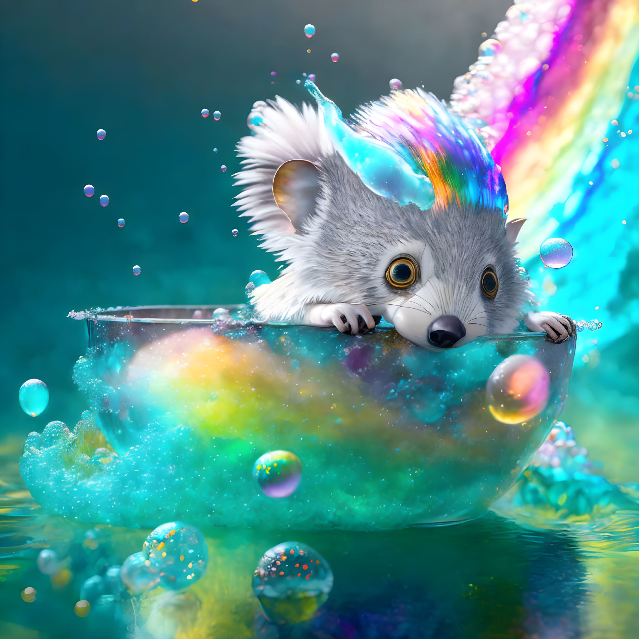 Colorful iridescent possum sliding down rainbow trail in bubble-filled teacup on blue backdrop