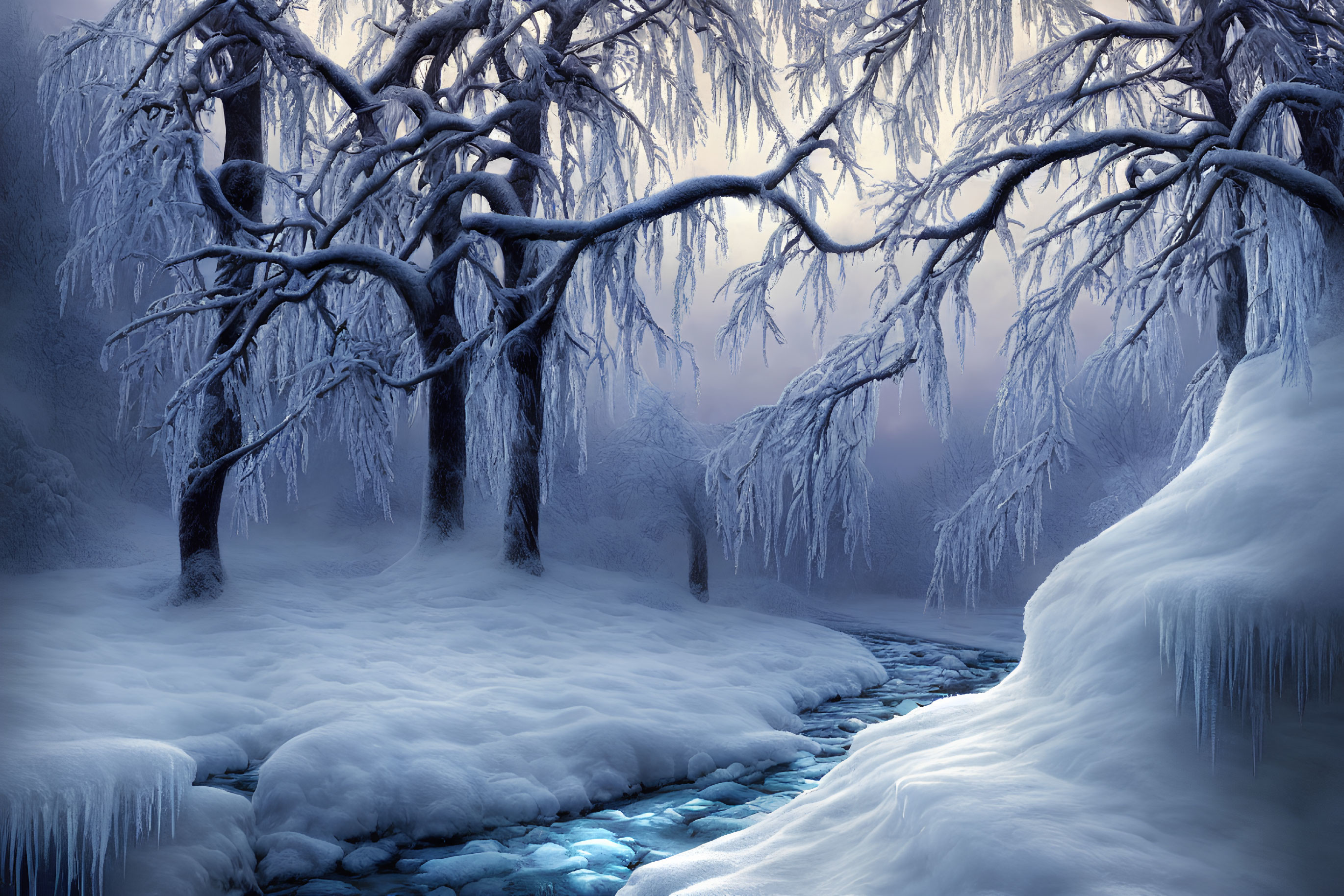 Snow-covered winter landscape with frozen trees and stream under misty blue sky