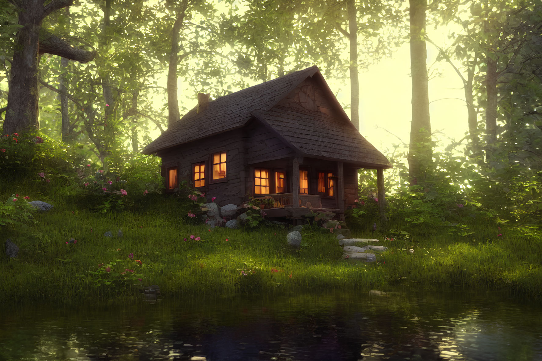 Wooden cabin in lush forest by tranquil pond with lit interior