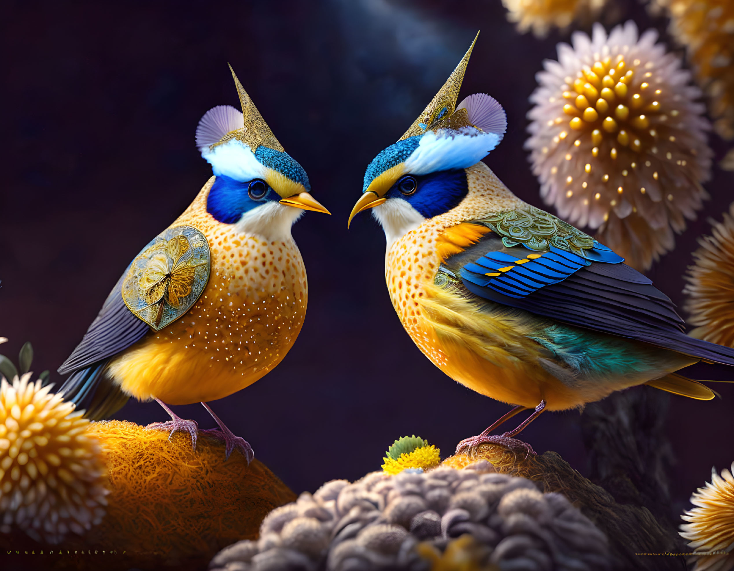 Colorful Fantastical Birds with Elaborate Plumage and Crests Among Exotic Flowers