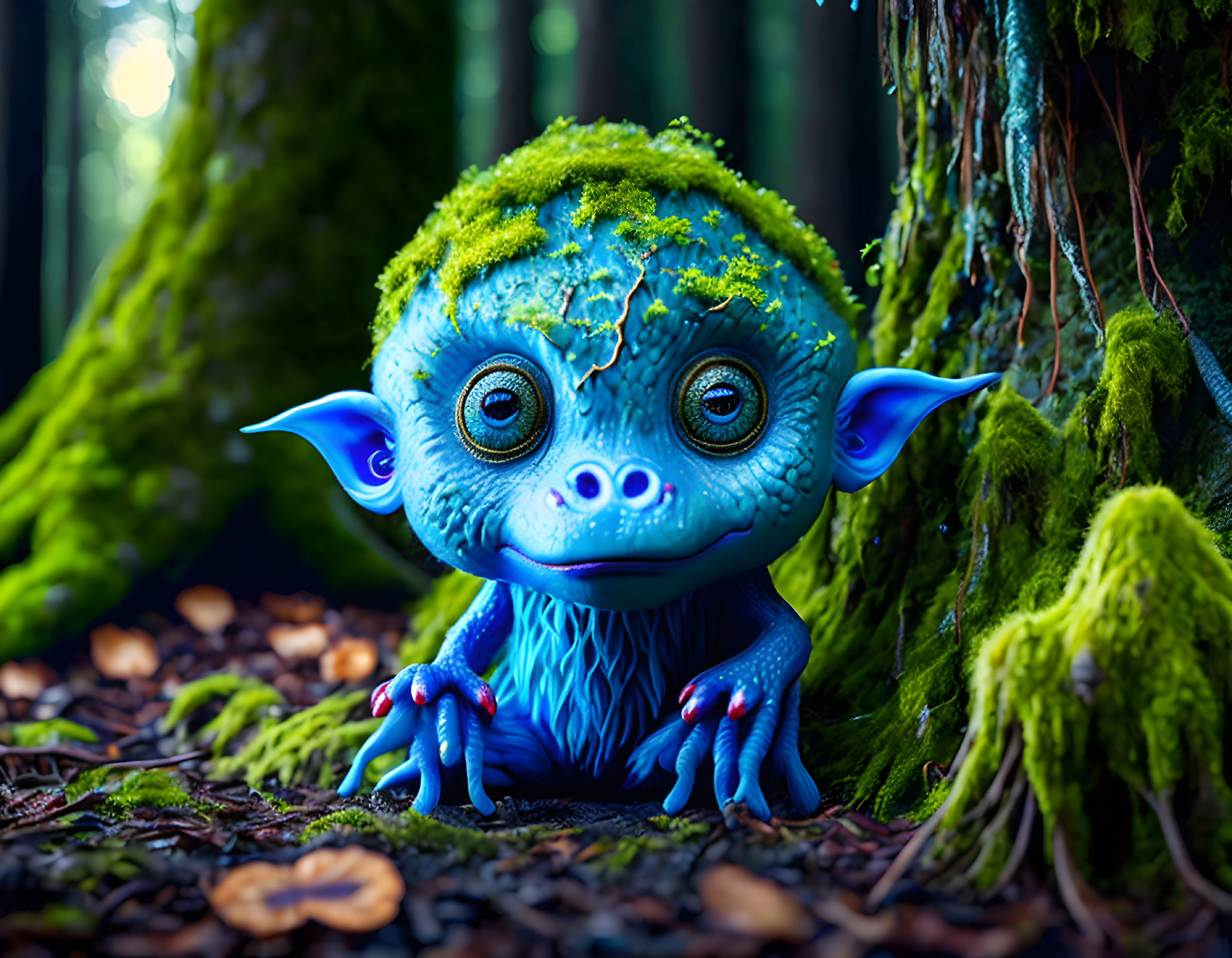 Blue creature with large ears in enchanted forest with mossy hair