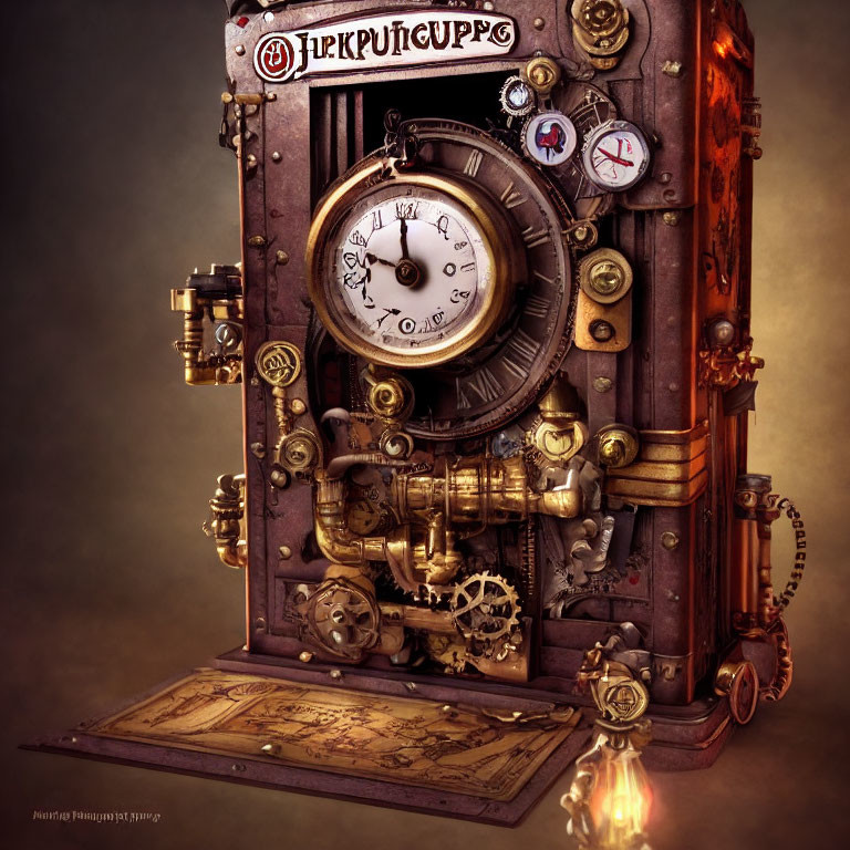 Intricate steampunk-style machine with clock face, dials, pipes, gears, symbols