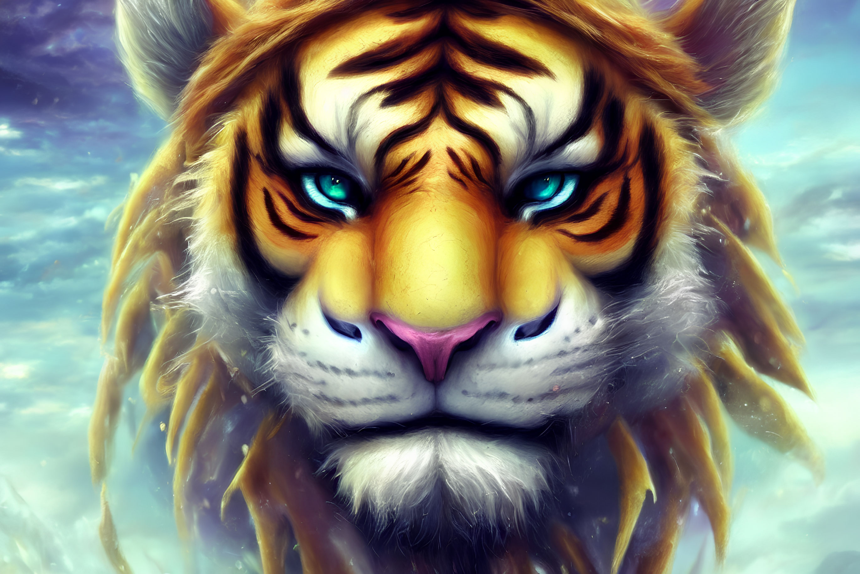 Digital illustration of a tiger with blue eyes and flowing mane in a dreamy sky.