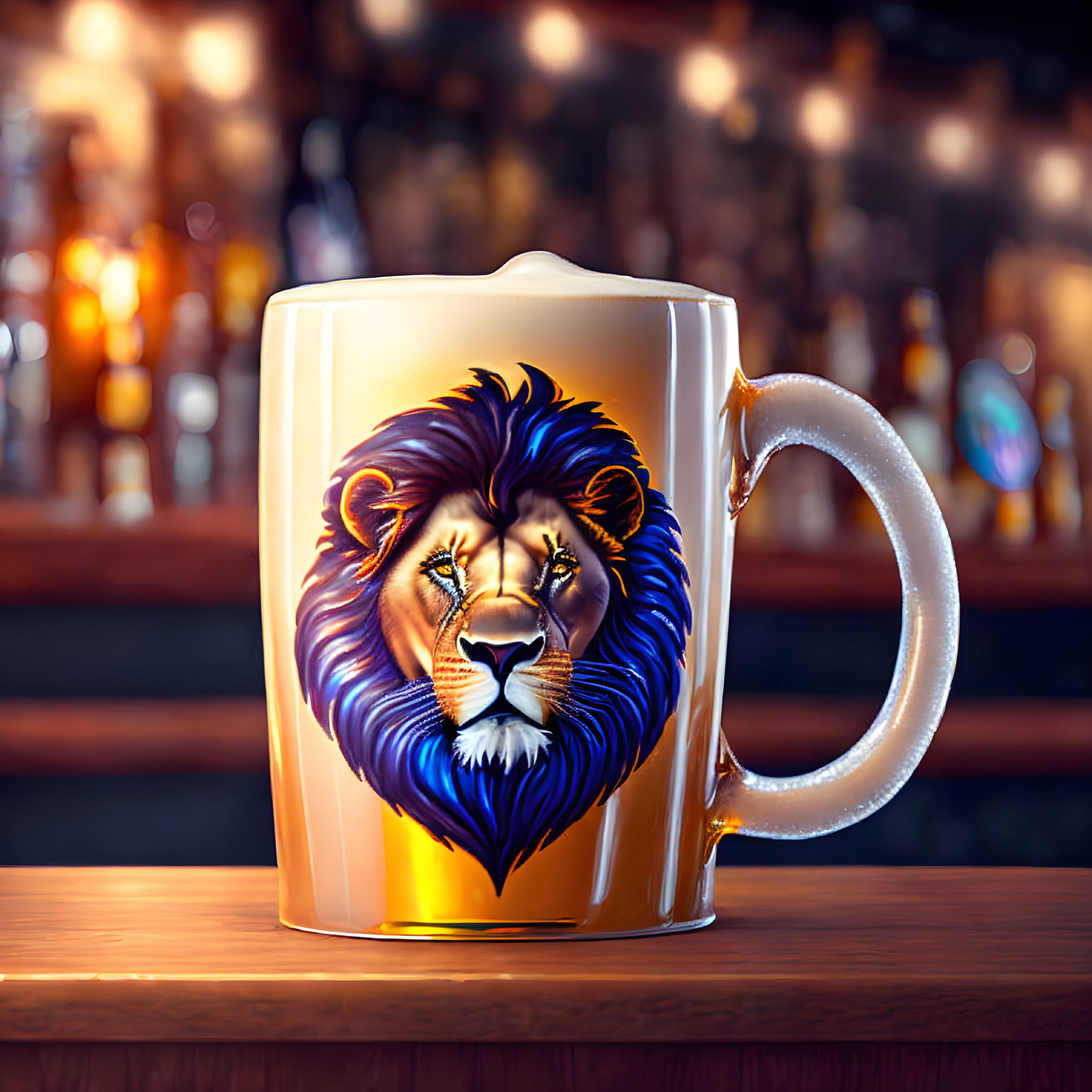 Detailed Lion's Head Illustration on Frosted Beer Mug in Bar Setting