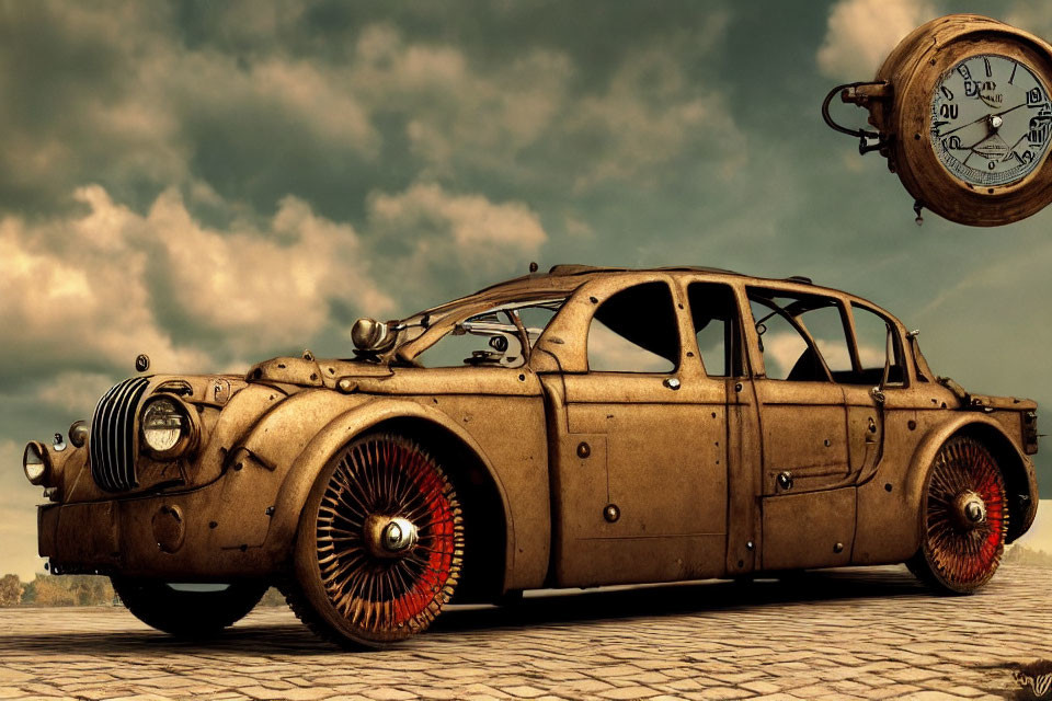 Steampunk-Inspired Vehicle with Exposed Gears and Riveted Body Panels