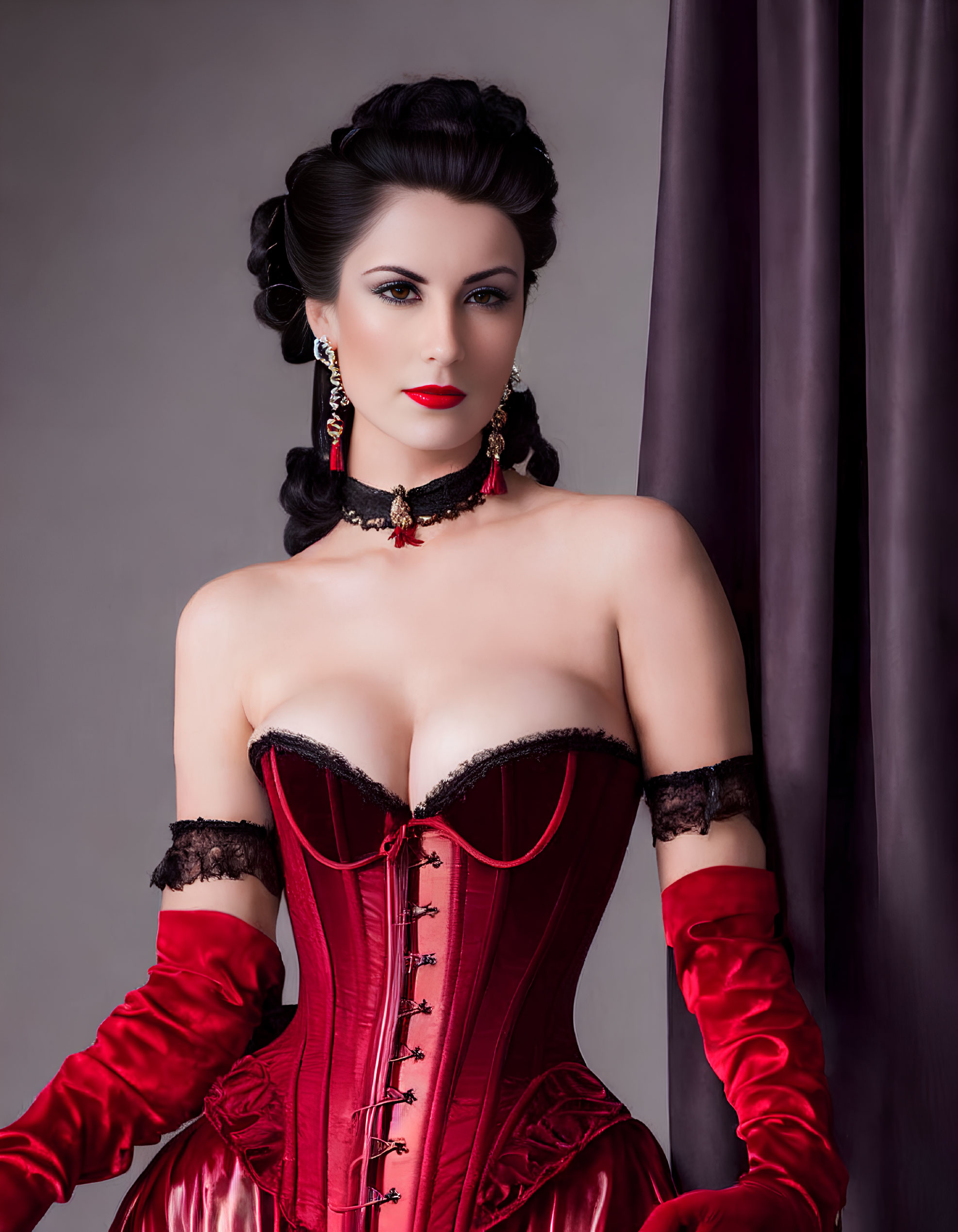 Dark-Haired Person in Vintage Style Red Corset and Satin Gloves