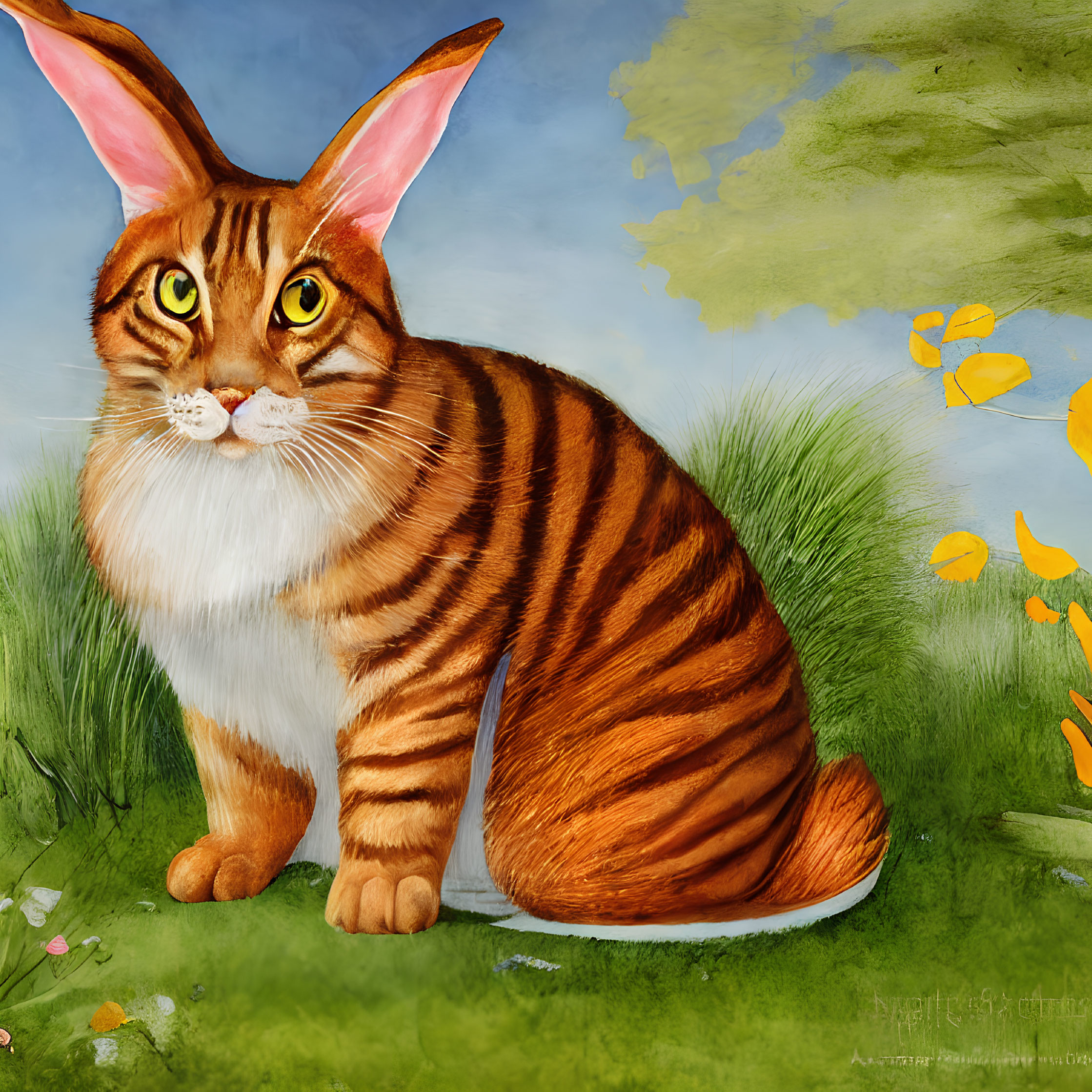 Hybrid Creature with Cat Body and Rabbit Ears in Grassy Field