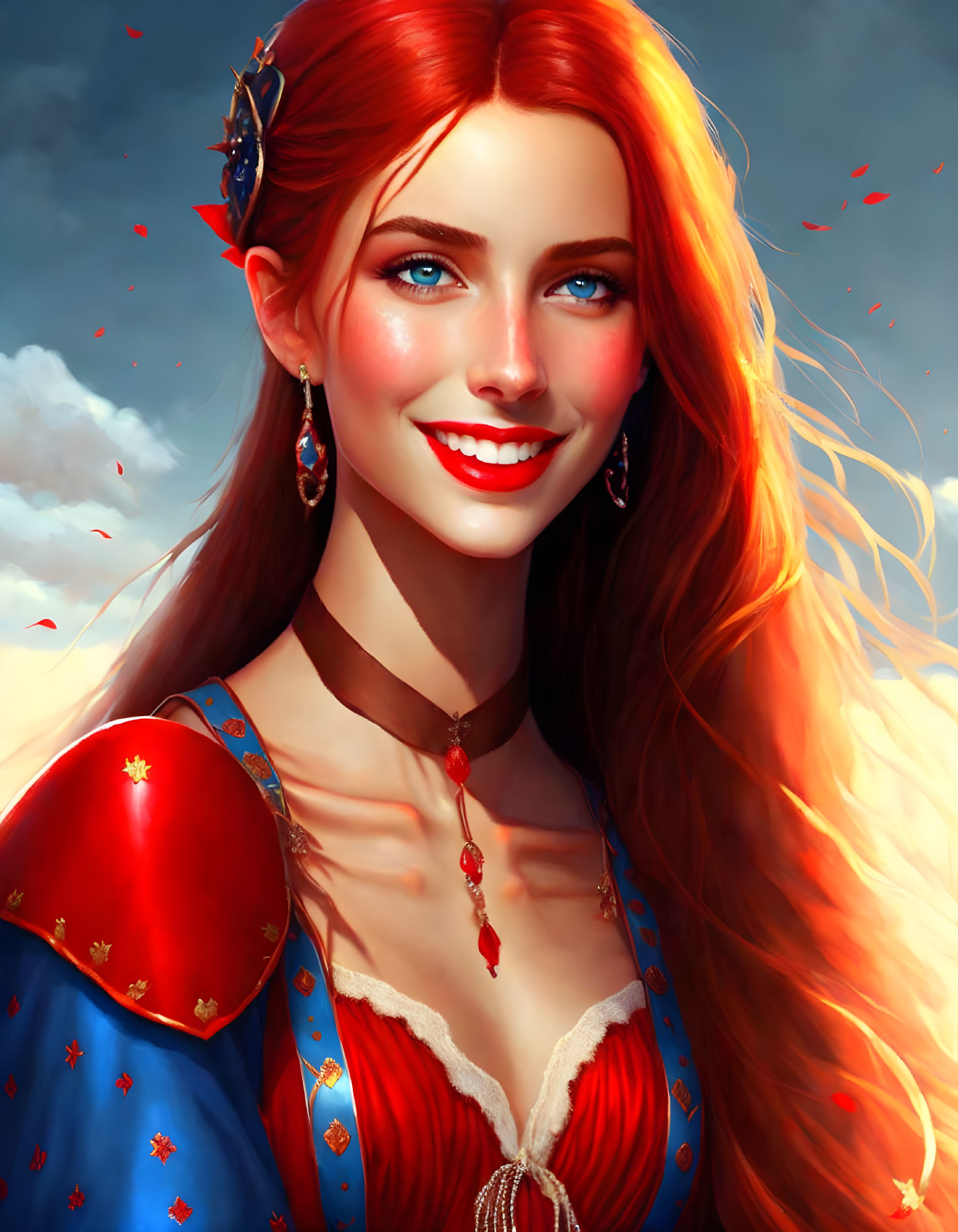 Red-haired woman in blue medieval attire with petal-like details