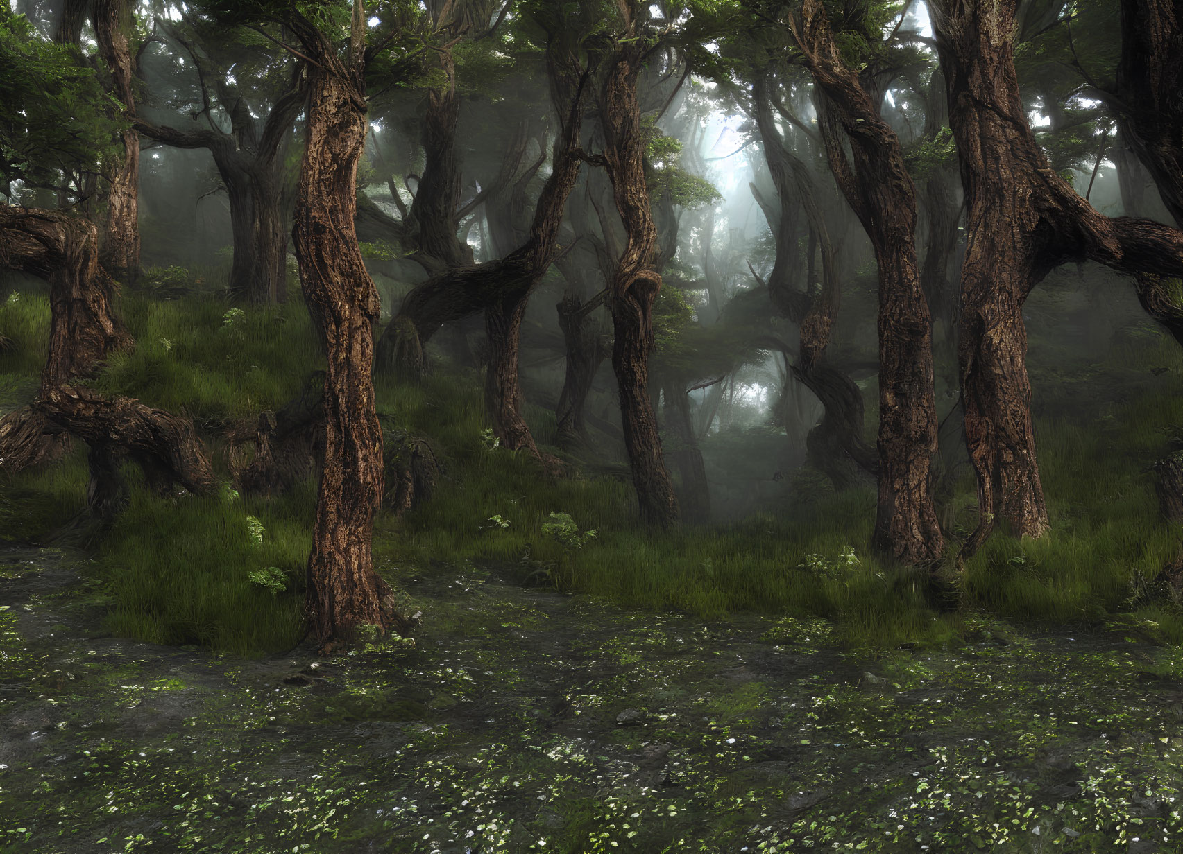 Misty forest with gnarled trees and green moss carpet
