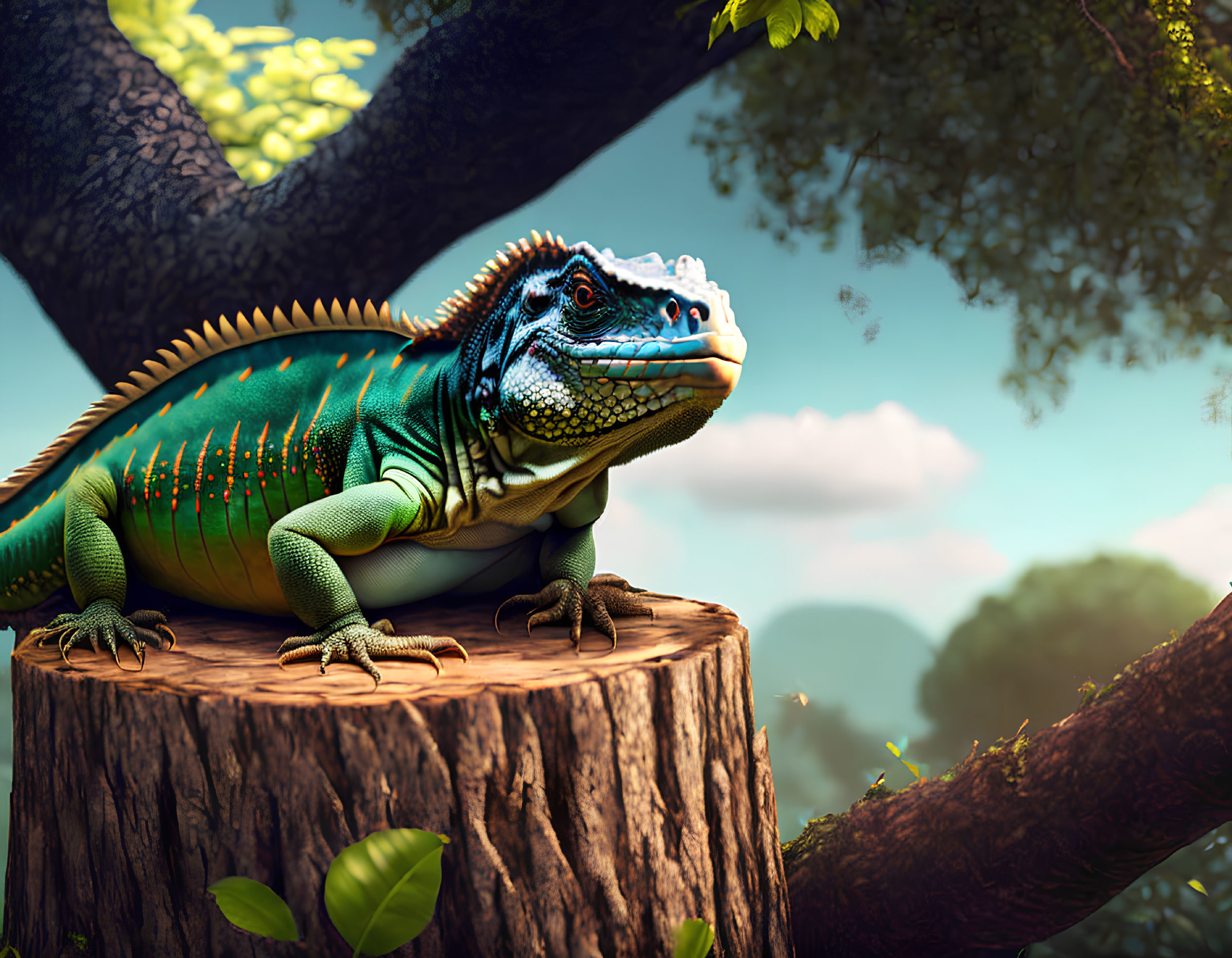 Vibrant green iguana on tree stump in lush forest with clear blue sky