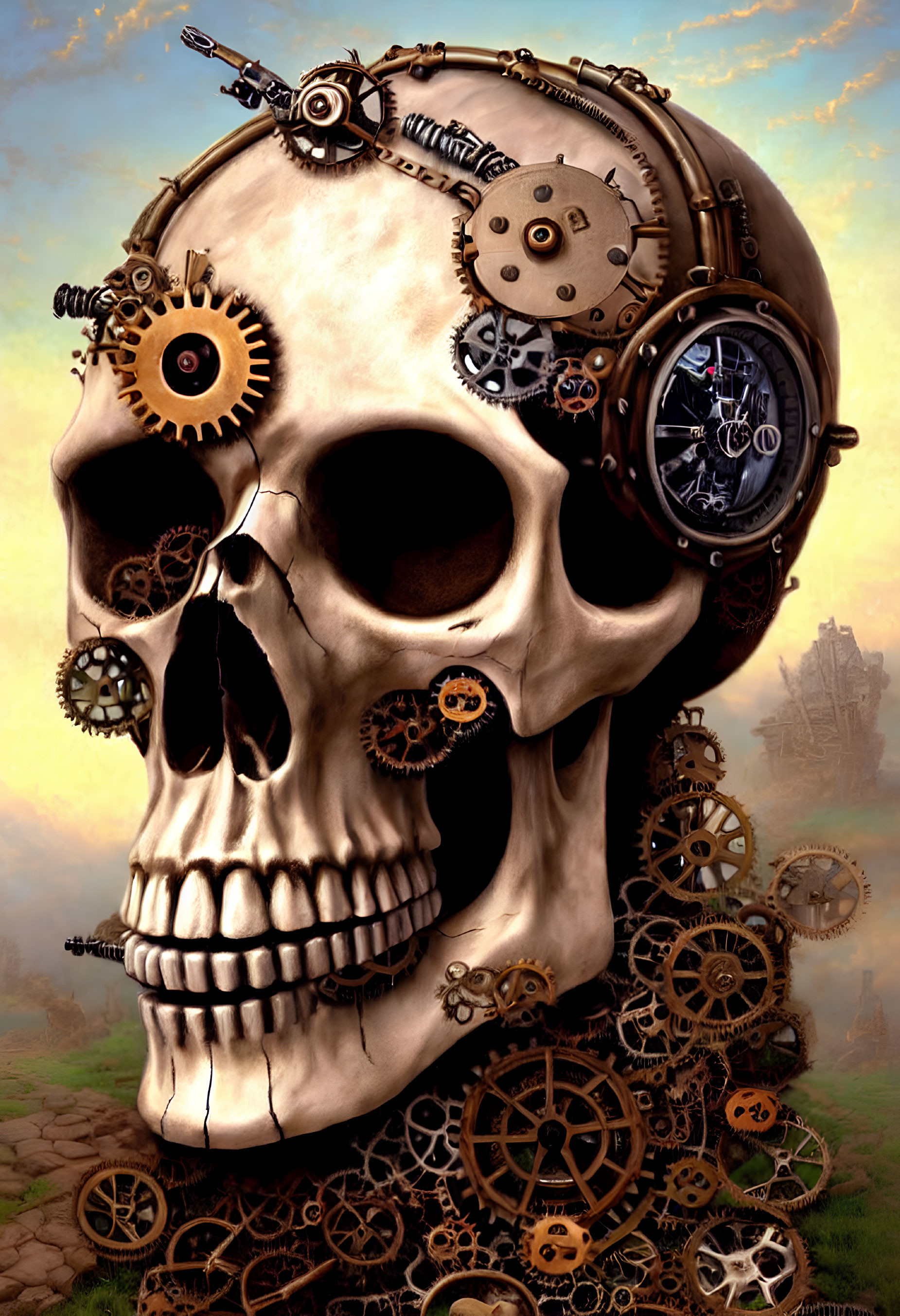 Steampunk skull with gears on pastoral background