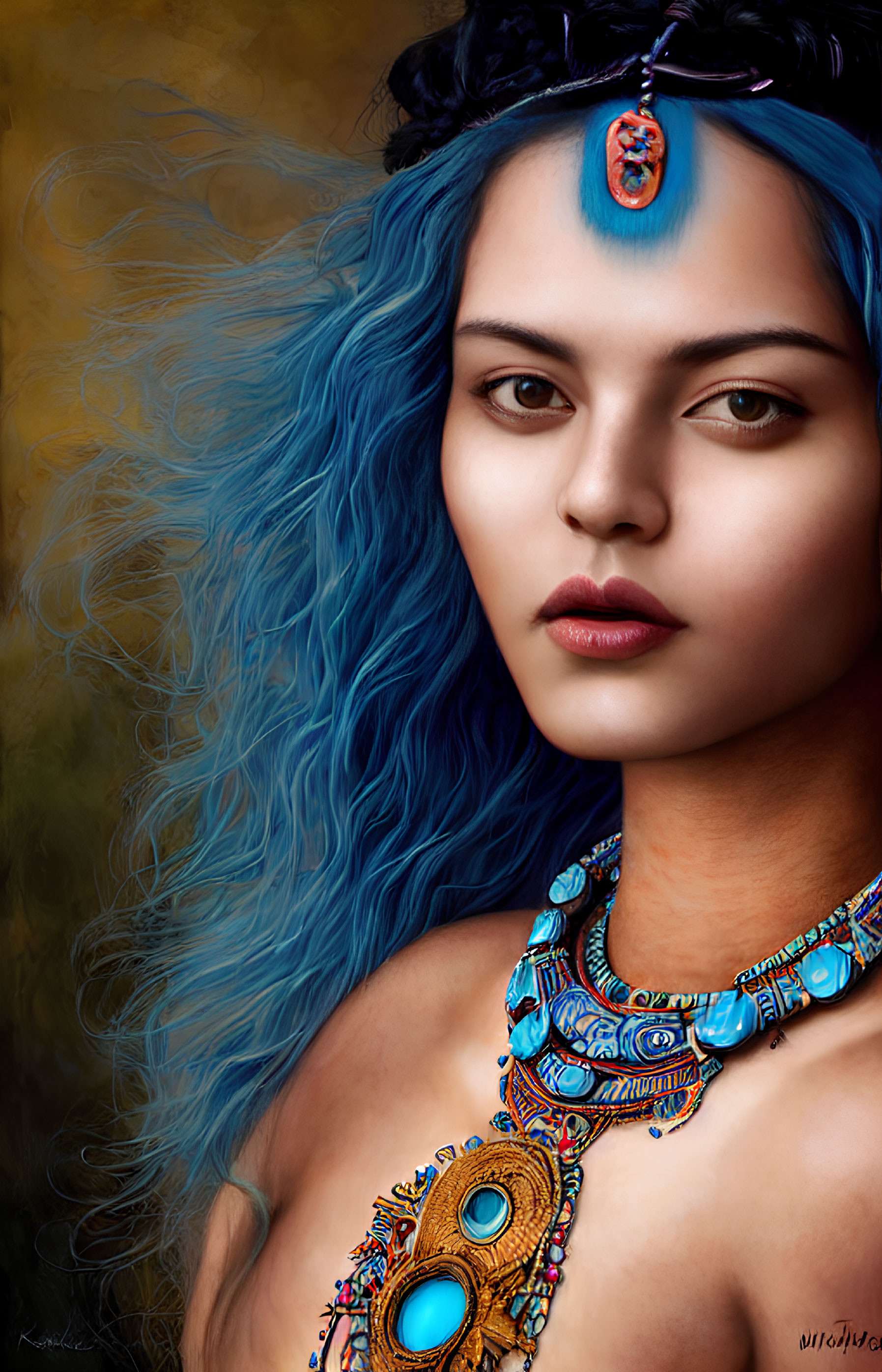 Portrait of woman with vibrant blue hair and ornate gold necklace on golden backdrop