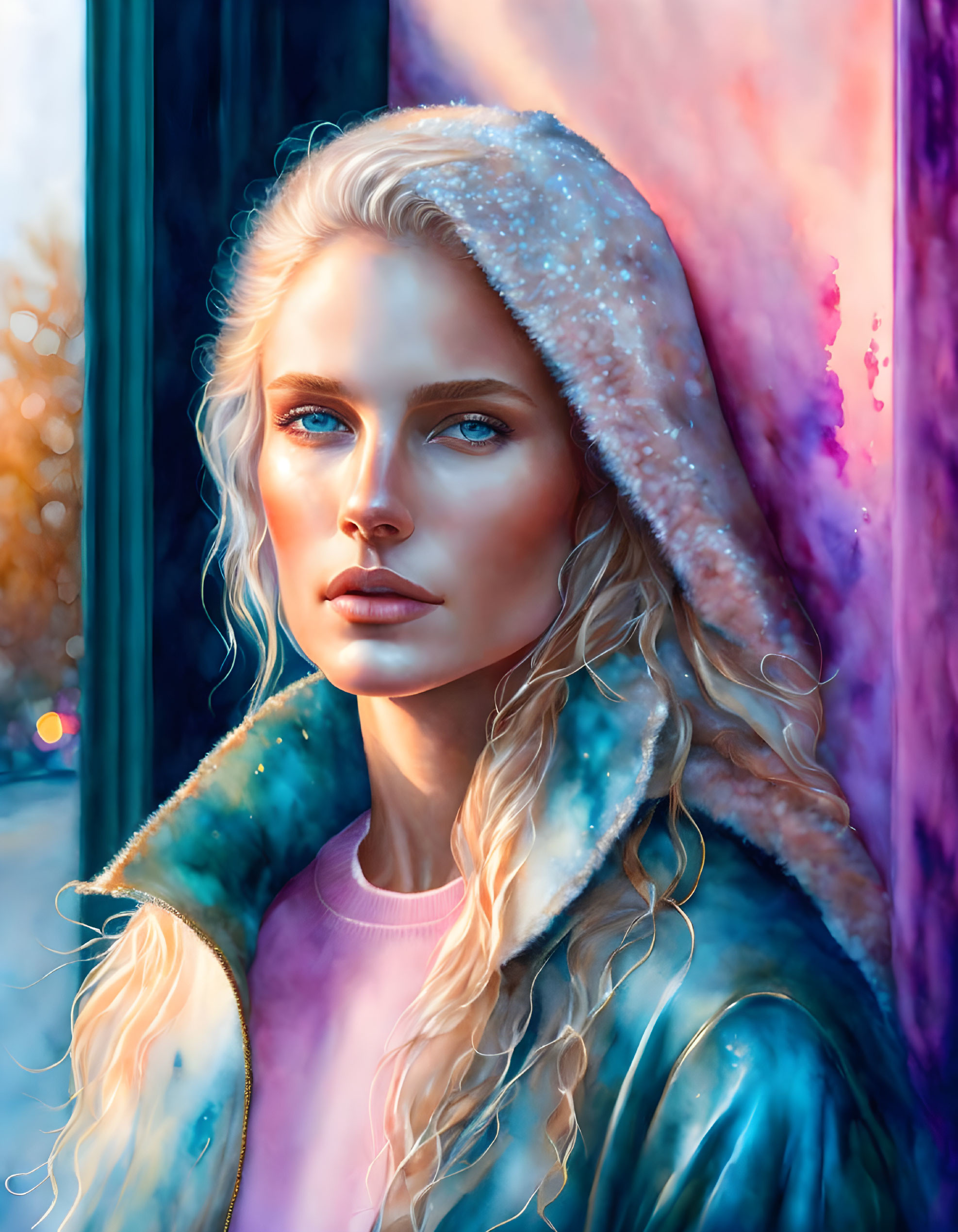 Blond Woman in Hooded Coat with Blue Eyes on Colorful Background