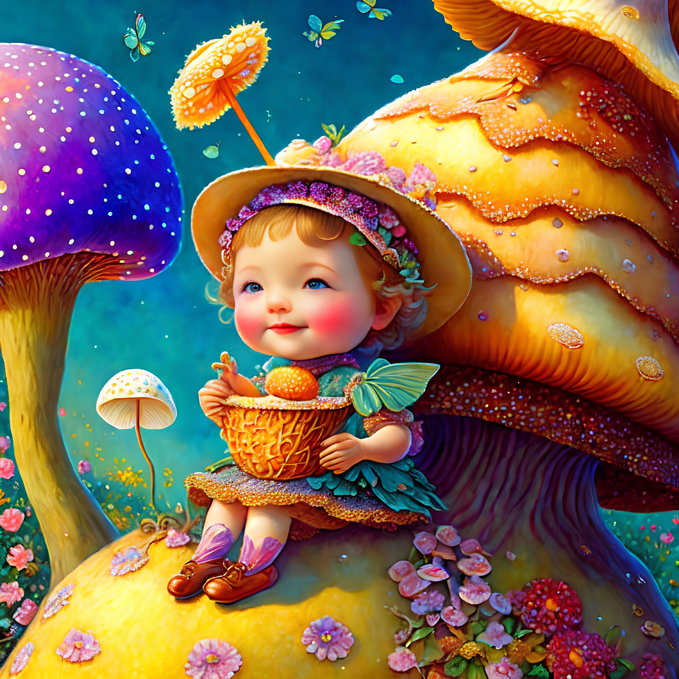 Child with fairy wings on mushroom amidst colorful flora