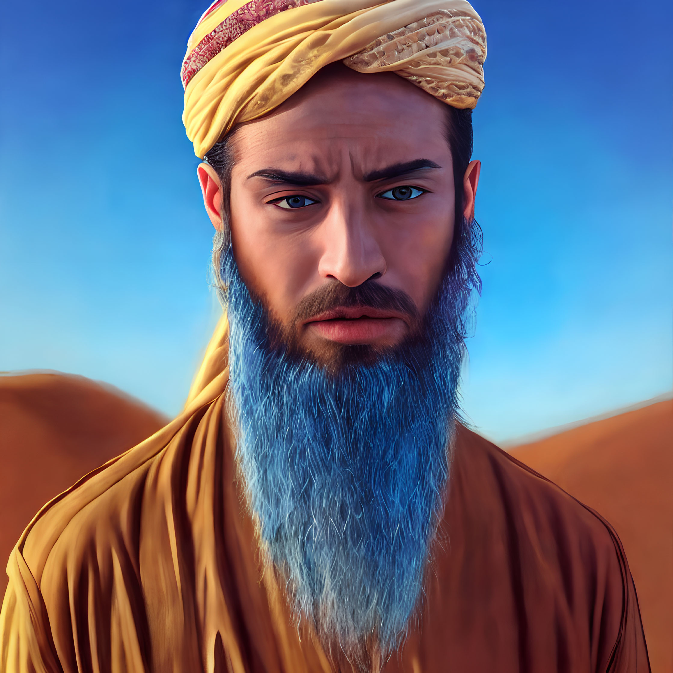 Man with Blue-Dyed Beard and Turban in Desert Portrait