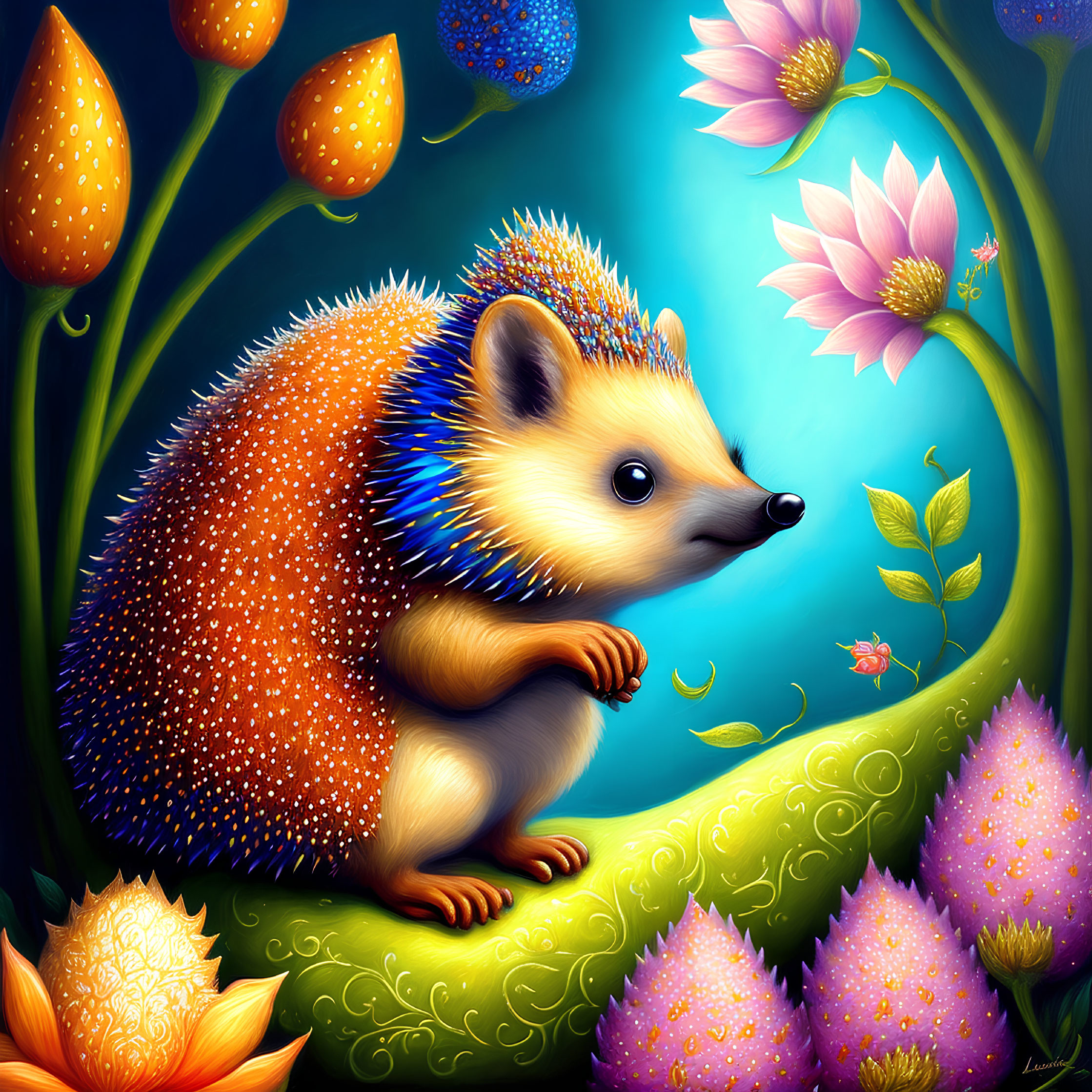 Colorful Hedgehog Among Vibrant Flowers and Foliage on Luminous Blue Background