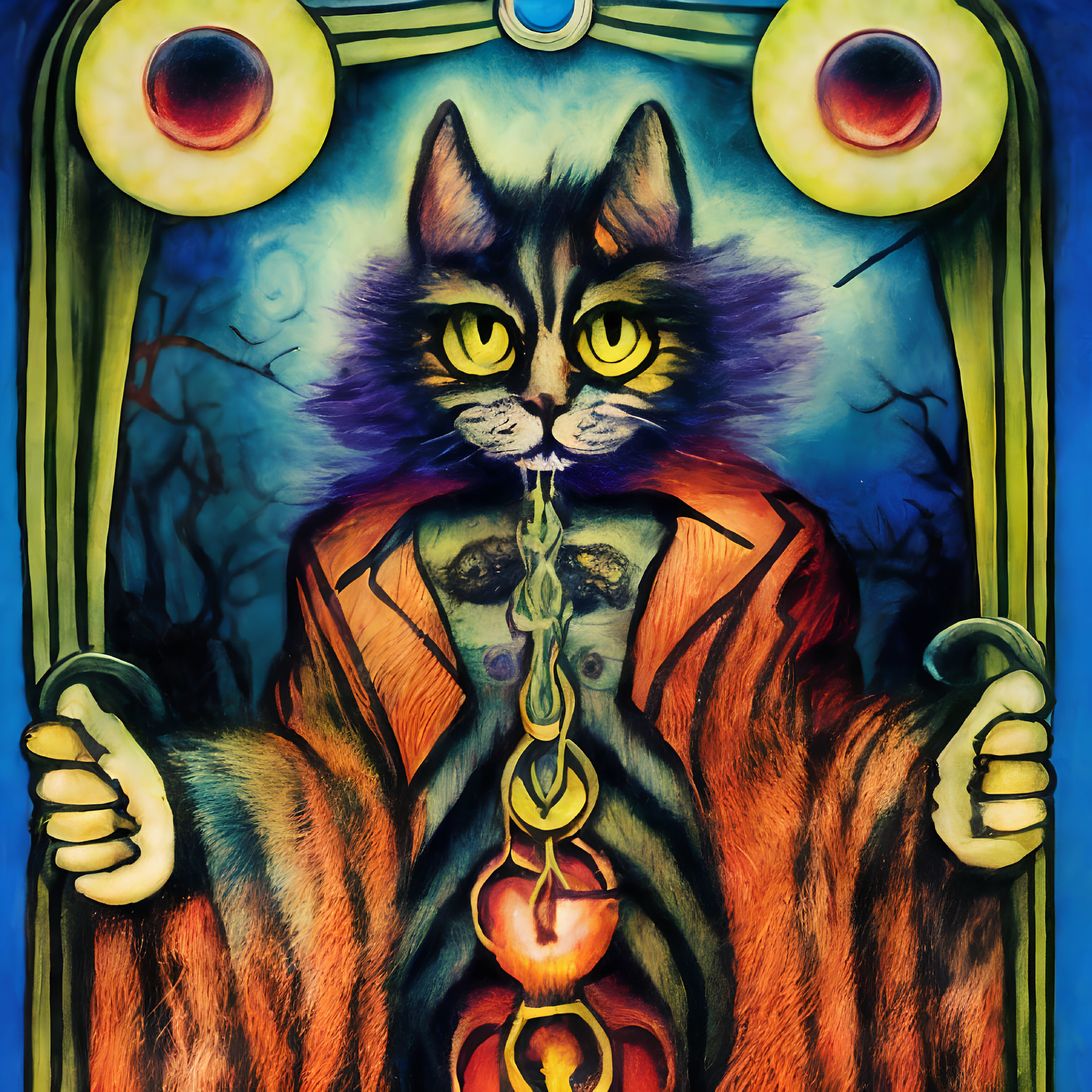 Vibrant humanoid cat figure with key in hand and stylized eyes in mysterious backdrop