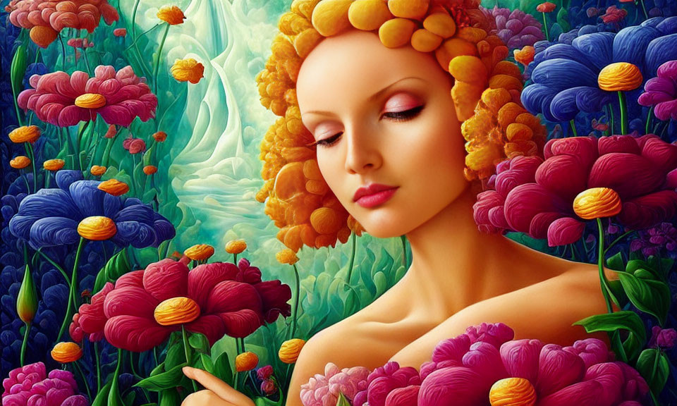 Woman with Yellow Flower Hair in Vibrant Garden